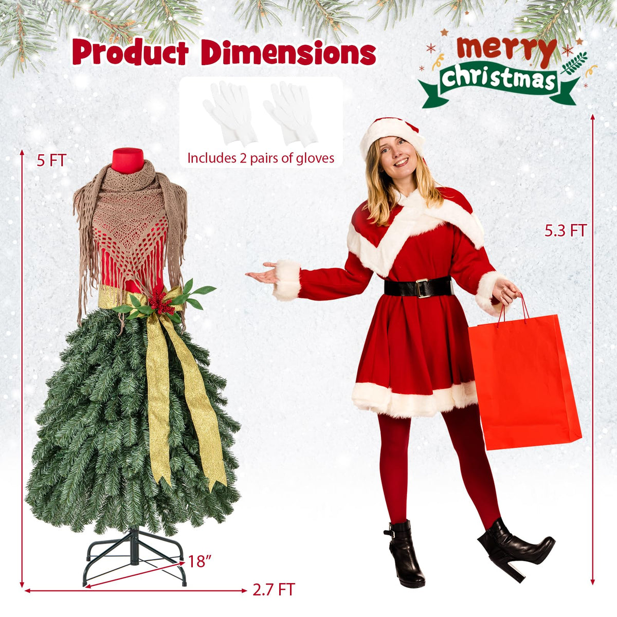 Lucktree 5ft Pre-Lit Dress Form Christmas Tree with Female Mannequin Torso & Scarf