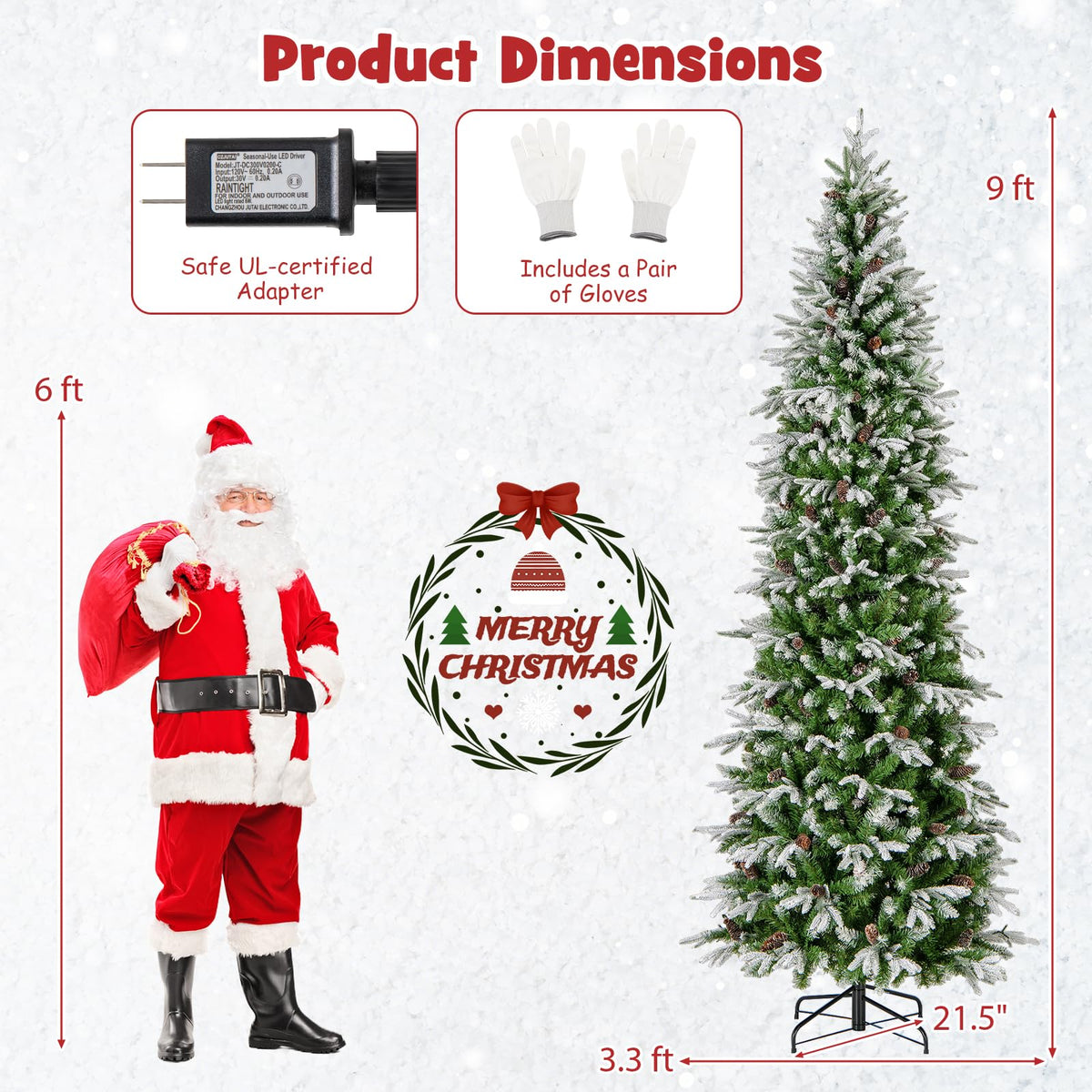 Lucktree 9 FT Pre-Lit Pencil Christmas Tree, Artificial Snow Flocked Hinged Fake Slim Xmas Tree with 470 Warm-White LED Lights