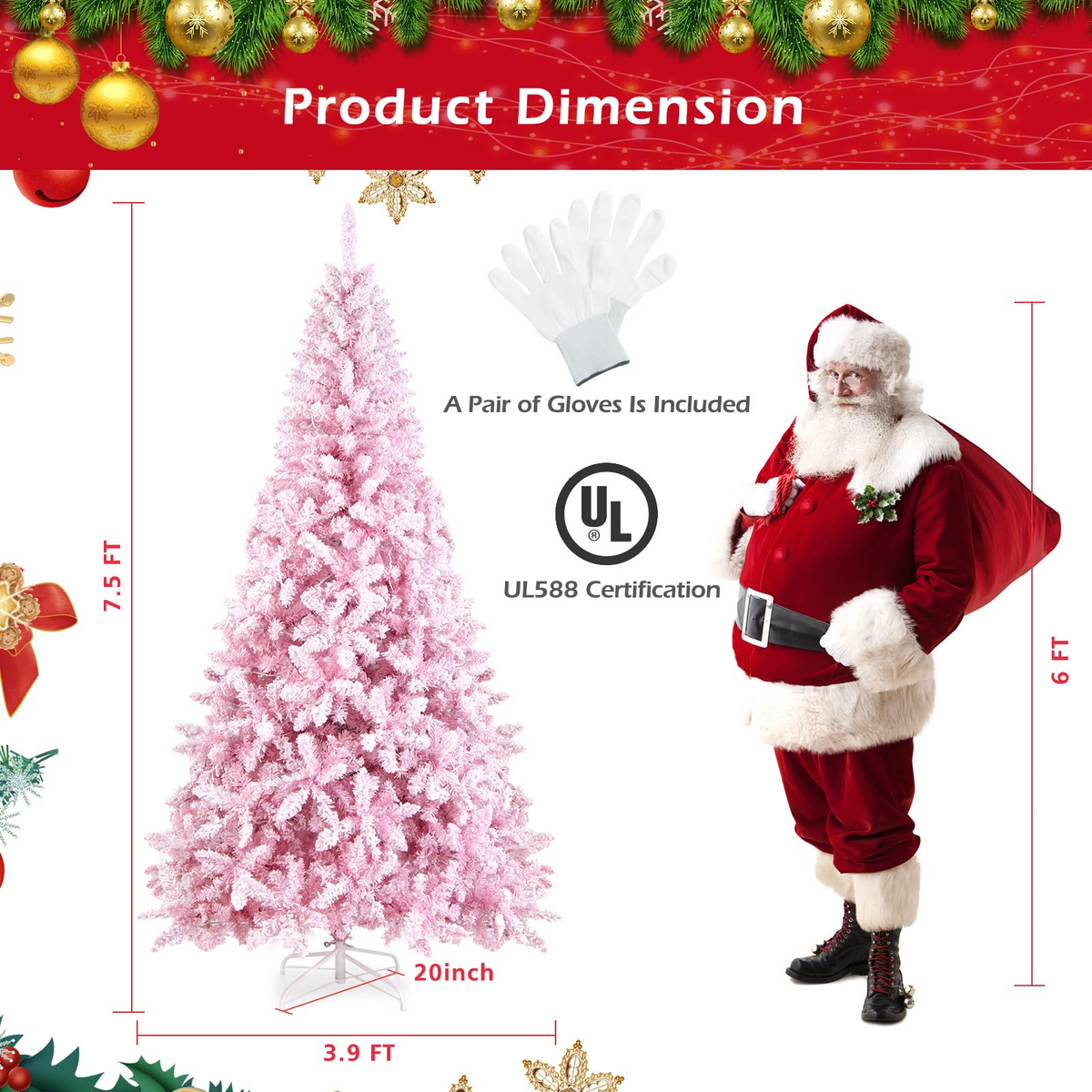 Lucktree 7.5ft Pink Pre-Lit Christmas Tree, Hinged Artificial Snow Flocked Xmas Tree with 1100 PVC Branch Tips, 450 LED Lights - LucktreeUS
