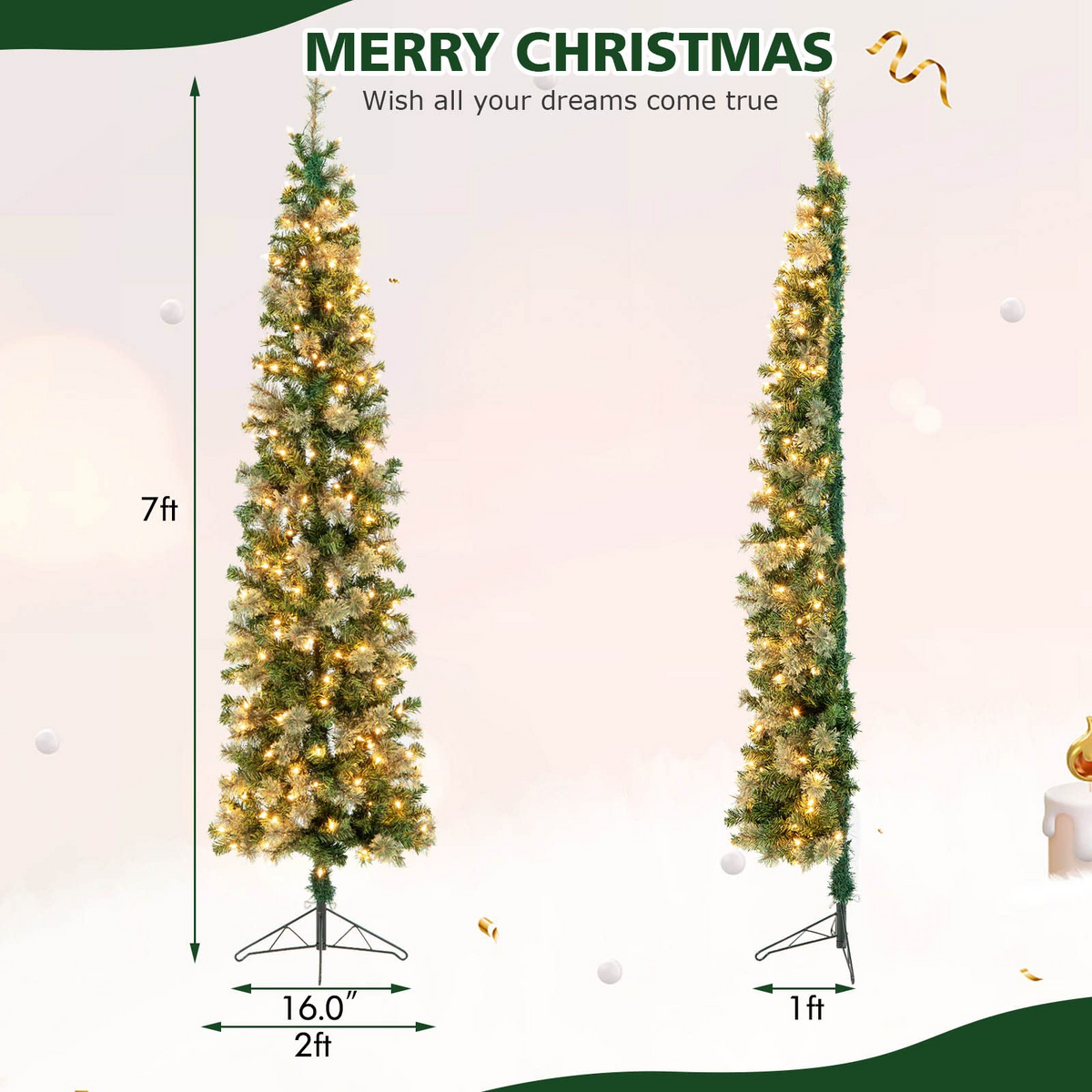 Lucktree 7ft Pre-Lit Half-Shape Christmas Tree, Artificial Xmas Tree W/ 403 Branch Tips - LucktreeUS