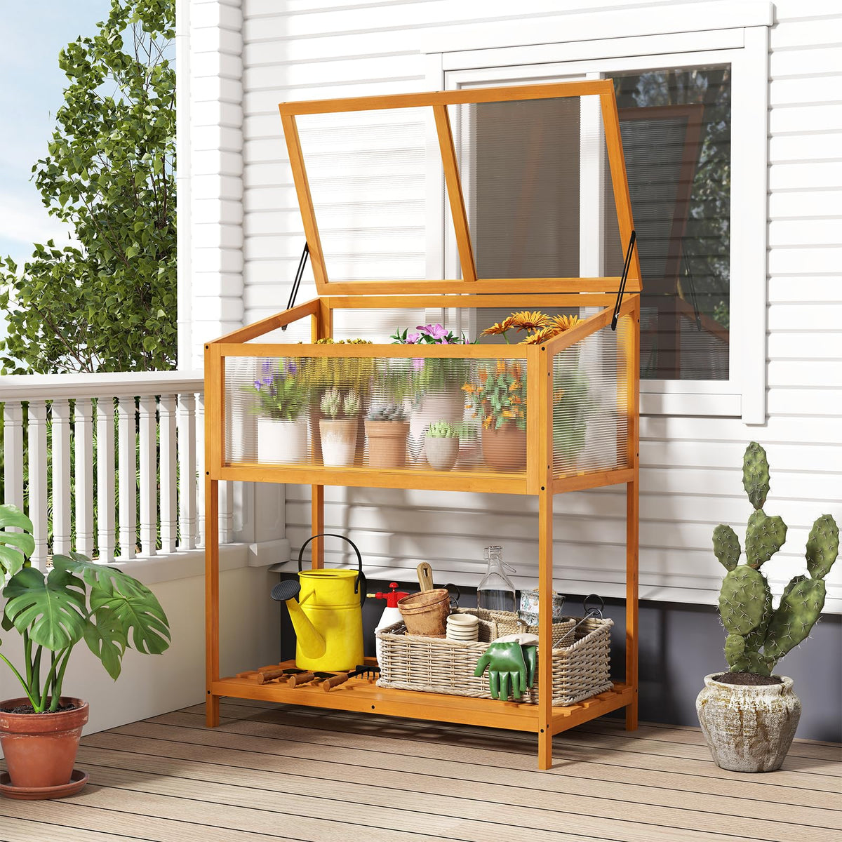 Lucktree Wood Cold Frame Greenhouse with Transparent Openable Roof & Slatted Shelf