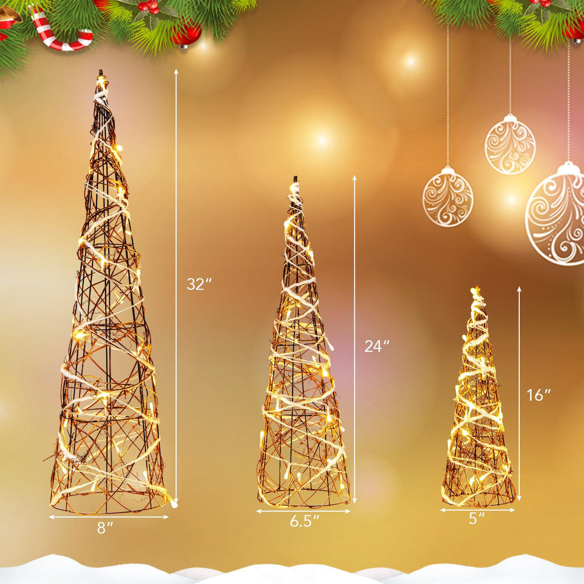 Lucktree Set of 3 Large Christmas Cone Trees, 32” 24” 16” Indoor Christmas Trees w/Warm White LED Lights