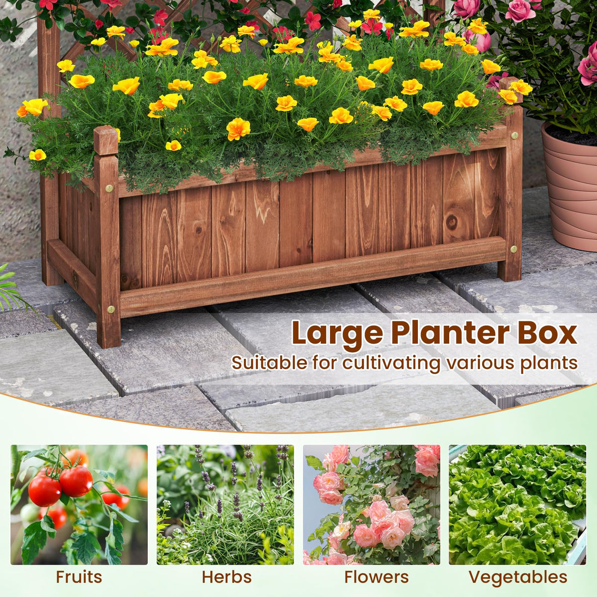 Lucktree 60” Wooden Planter Container with Drainage Holes Trellis