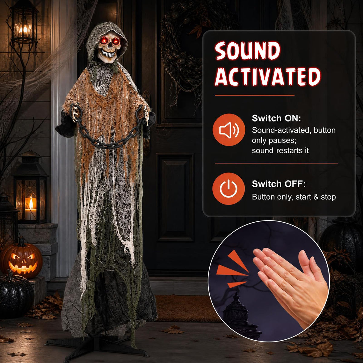 Lucktree 5.7 FT Life-Size Animated Halloween Skeleton Reaper with Chain