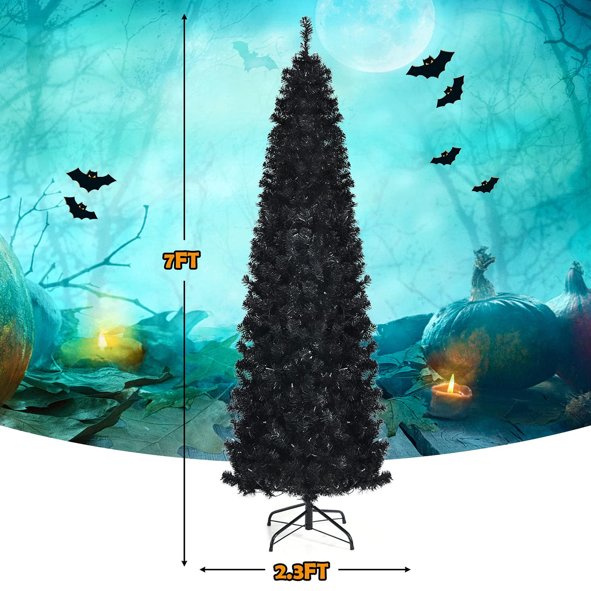 Lucktree Black Pencil Christmas Tree, Pre-lit Artificial Halloween Tree