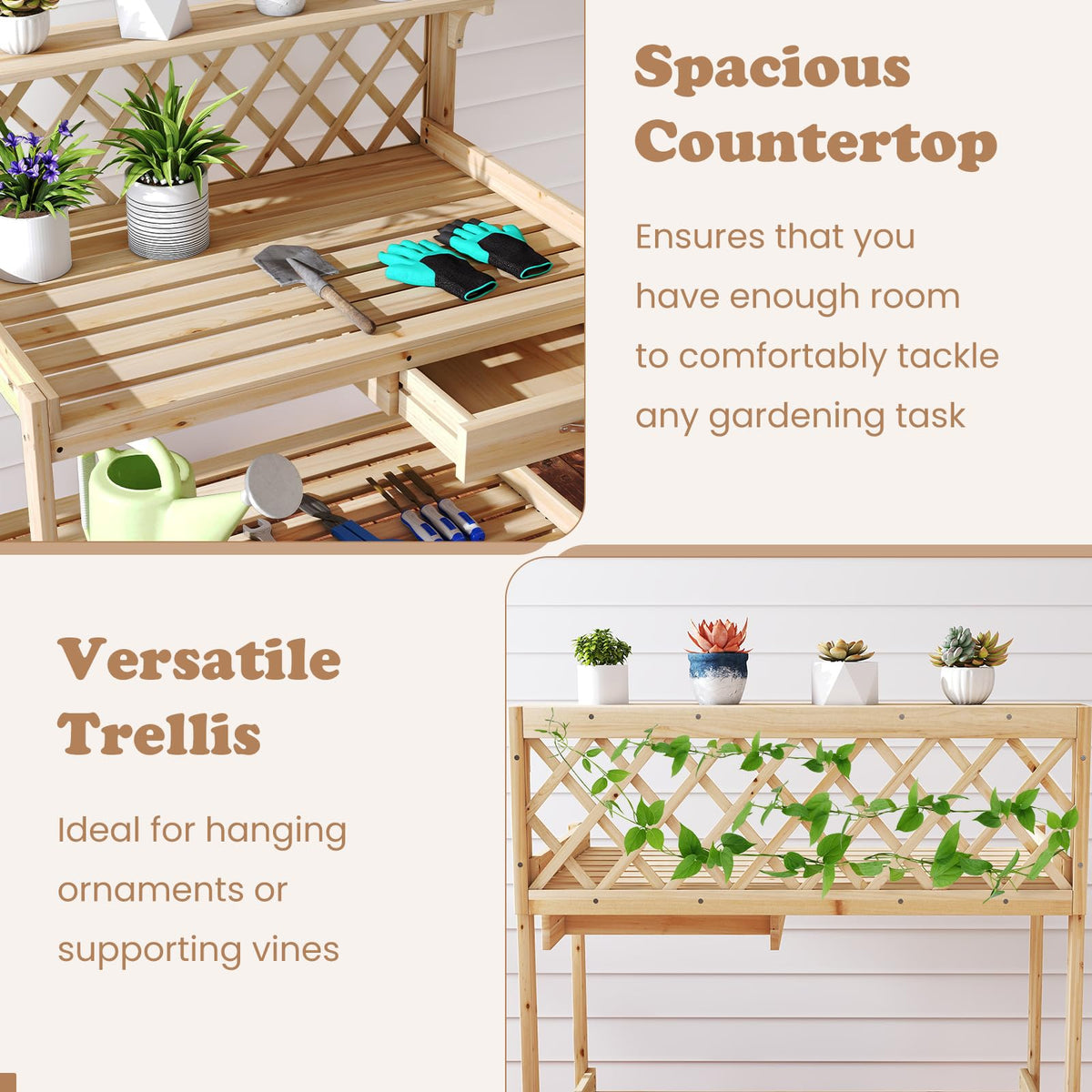 Lucktree Wood Potting Table with 3 Tier Shelves