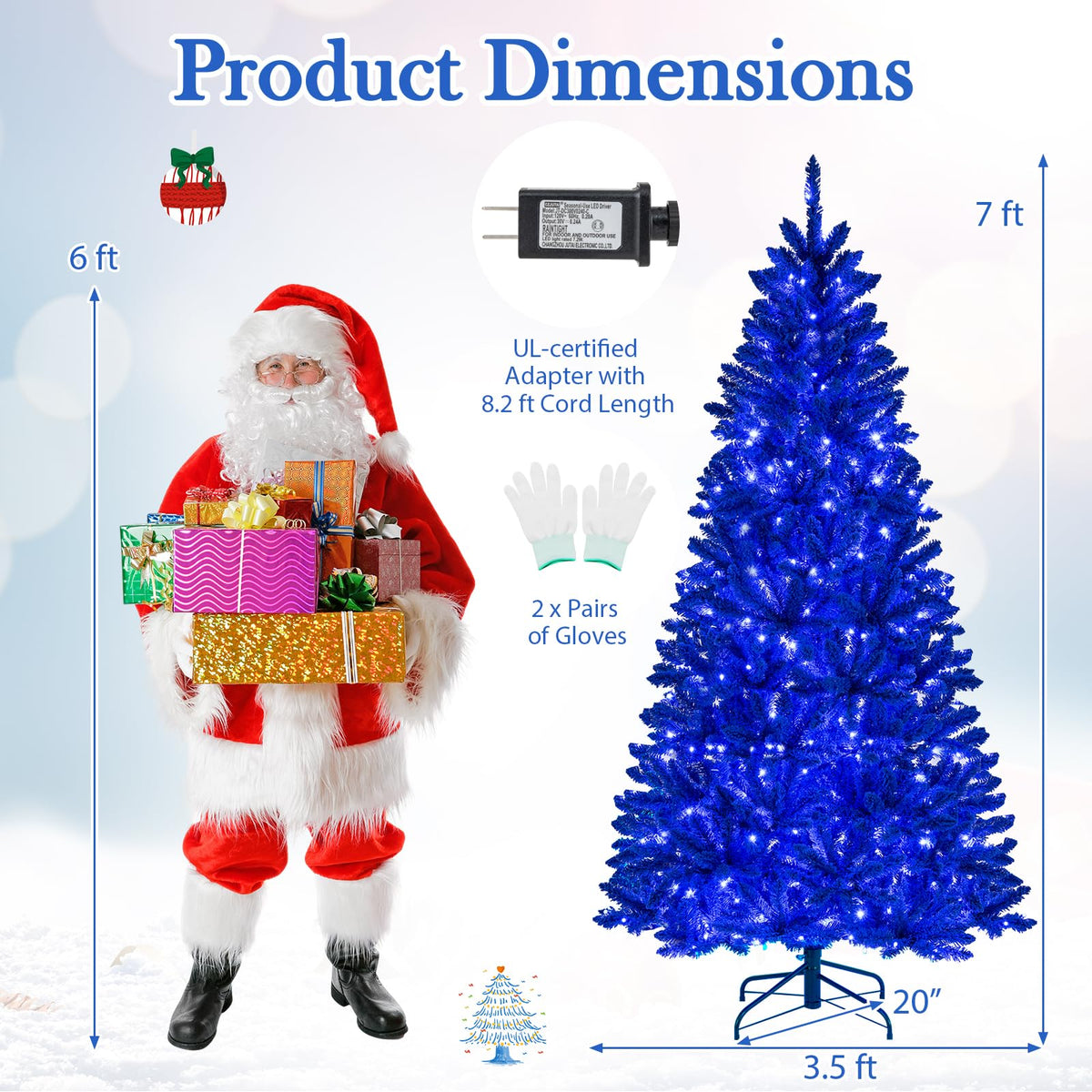 Lucktree 7 FT Pre-Lit Royal Blue Snow Flocked Christmas Tree with 340 LED Lights