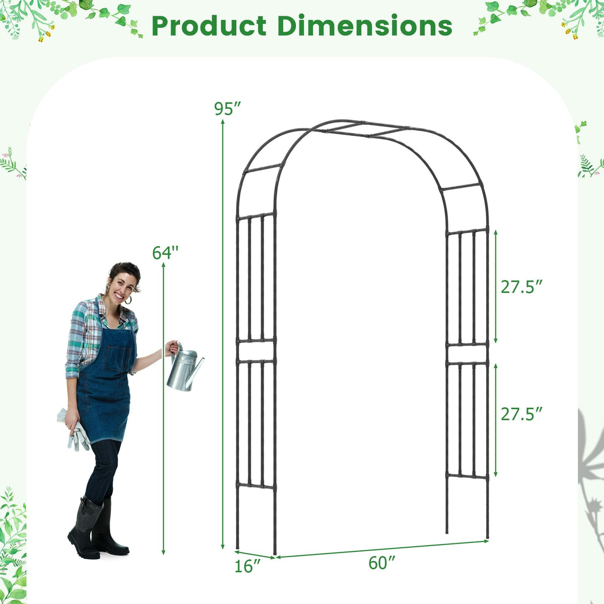 Lucktree Garden Arch Trellis, 60''W x 95''H Metal Arbor with Corrugated PE-Coated Steel Tubes for Climbing Plants Roses Ivy