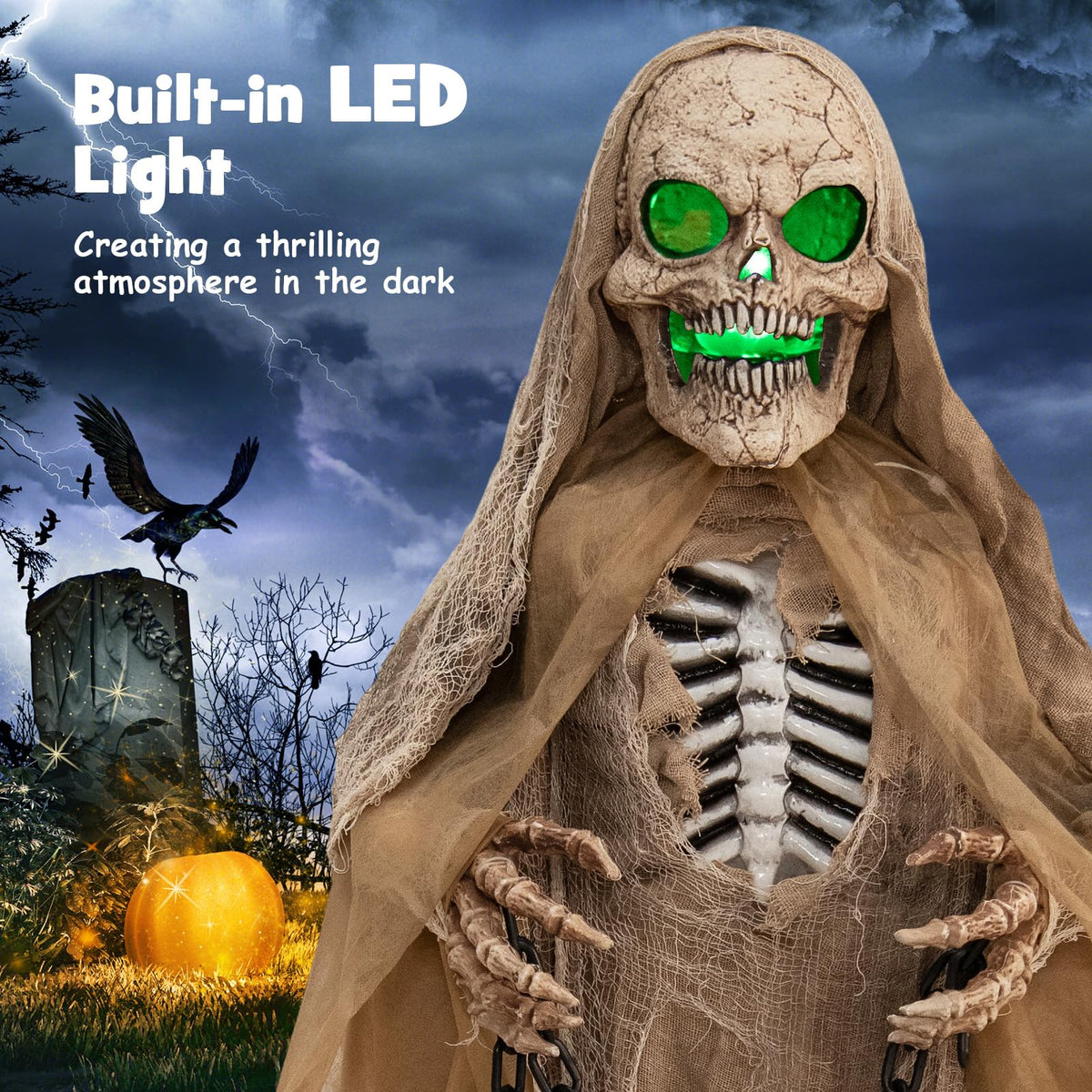 Lucktree 5.6 FT Halloween Standing Animated Skeleton with Chain, Animatronic Skull Grim Reaper with LED lights