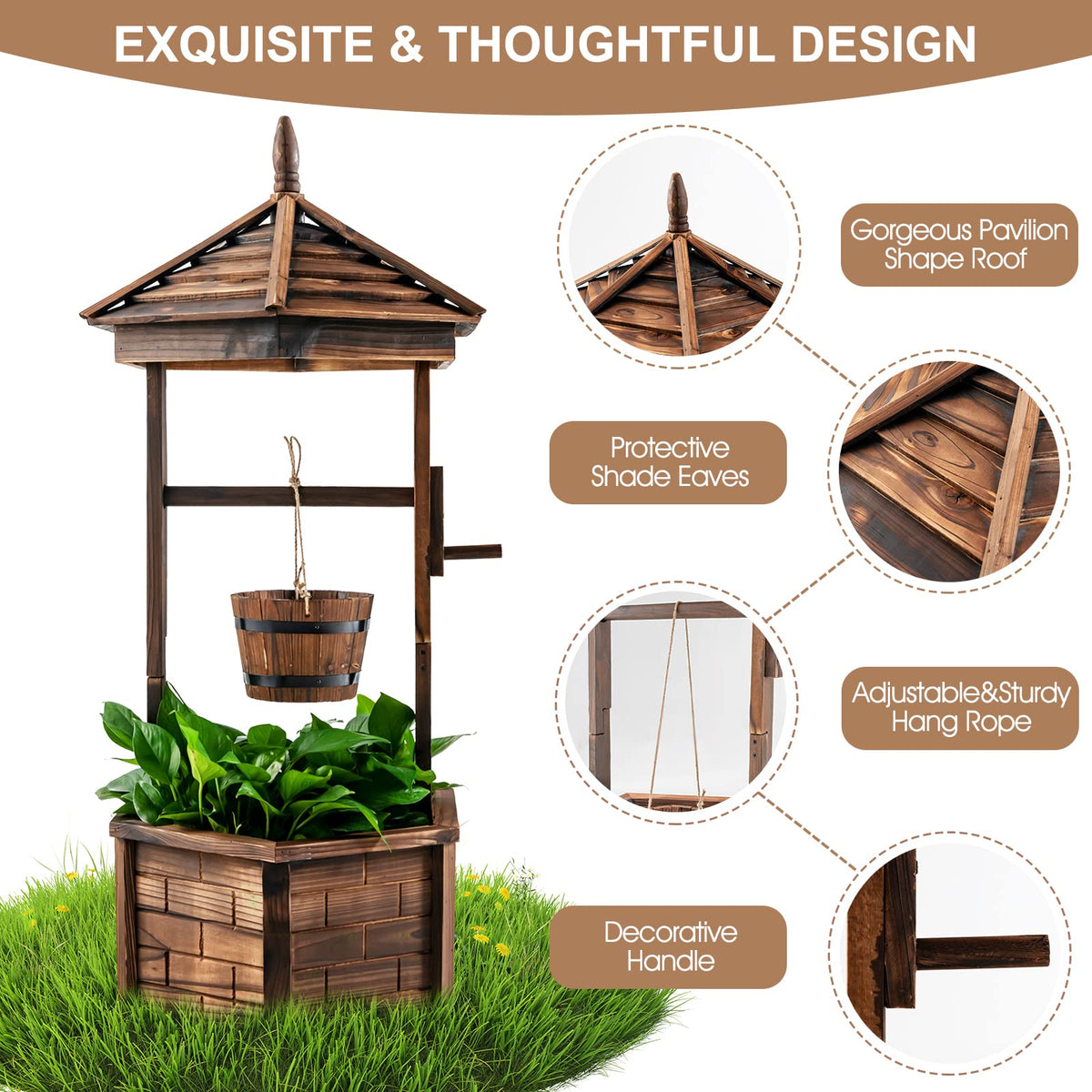 Lucktree Rustic Wooden Wishing Well Planter with Hanging Bucket, Roof Shadow