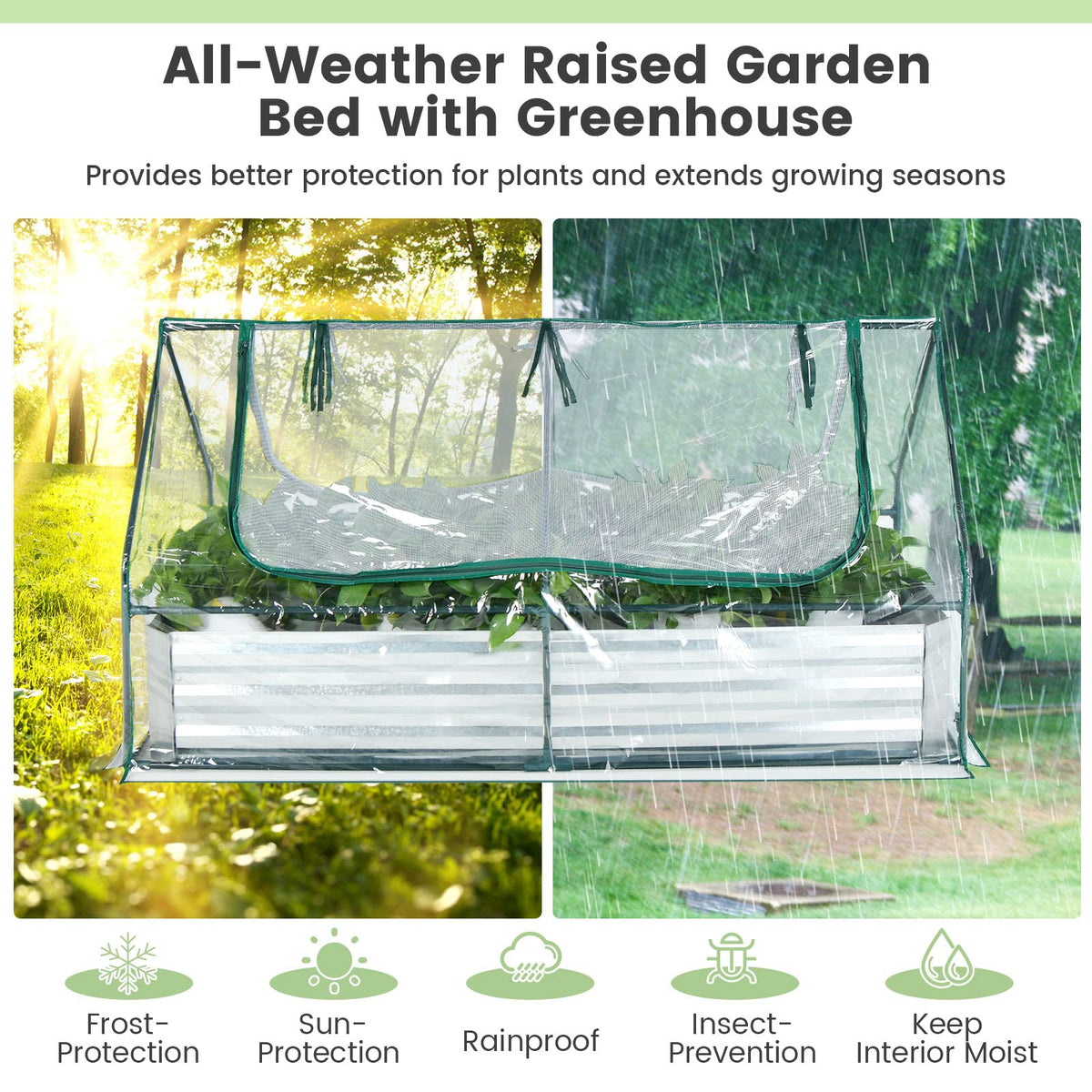 Lucktree Galvanized Steel Raised Garden Bed with Mini Greenhouse, Outdoor Metal Planter Box Kit with Large Roll-up PVC Cover