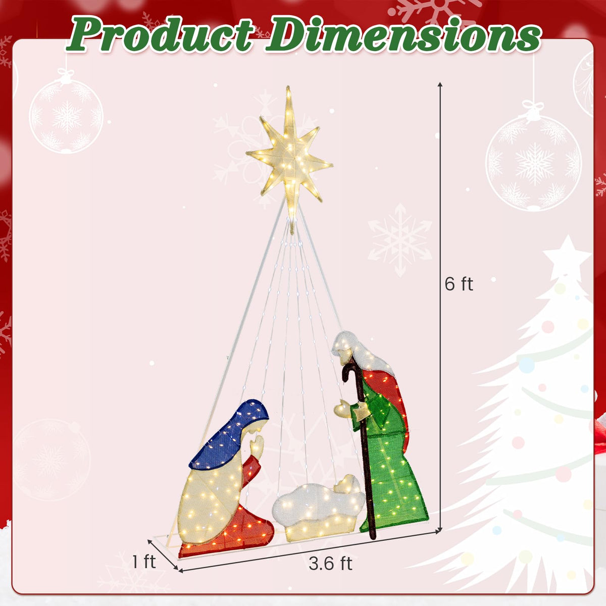 Lucktree 6 FT Lighted Nativity Scene, Holy Family Set Christmas Decoration with 240 LED Lights