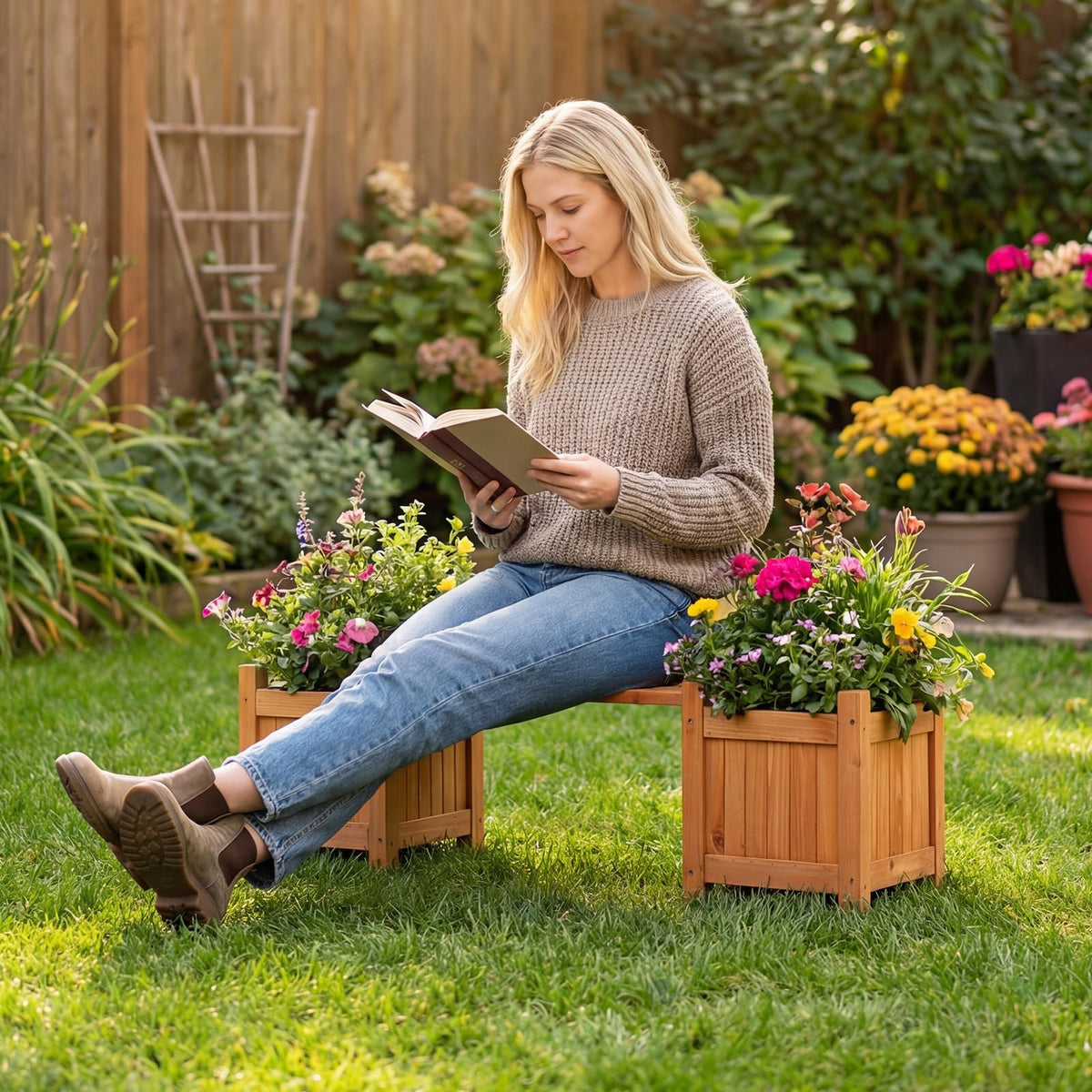 Lucktree Outdoor Bench with Raised Garden Beds (42"x11"x11.5")