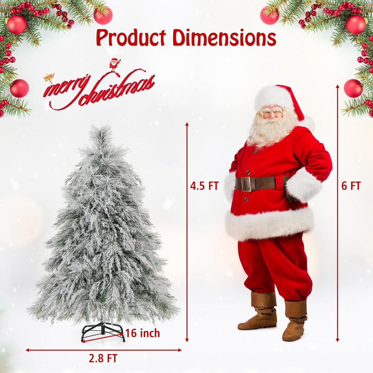 Lucktree 4.5ft Pre-Lit Snow Flocked Christmas Tree, Artificial Hinged Full Xmas Tree with 279 PVC & Pine Needles