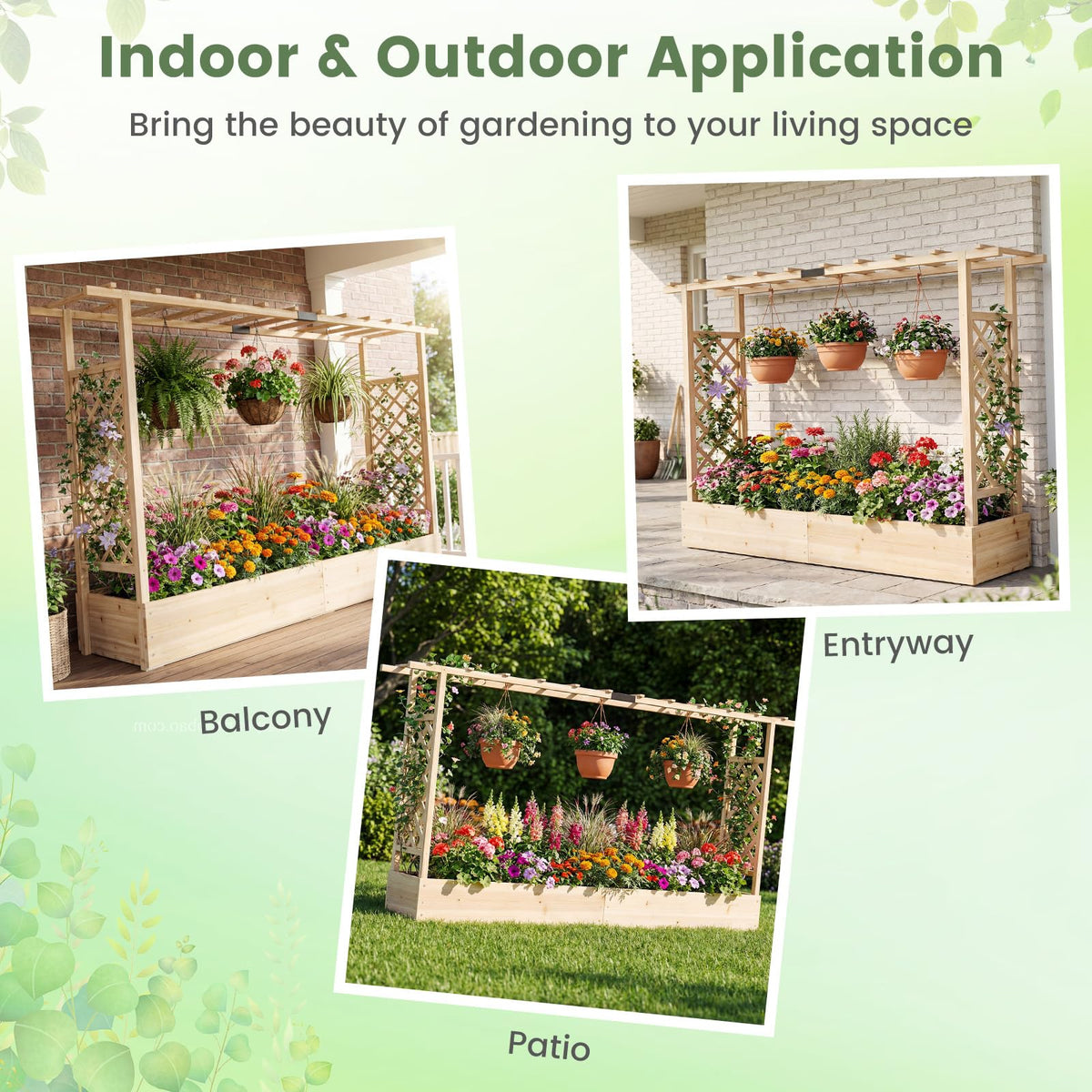 Lucktree Wooden Raised Garden Bed with Trellis & Hanging Roof