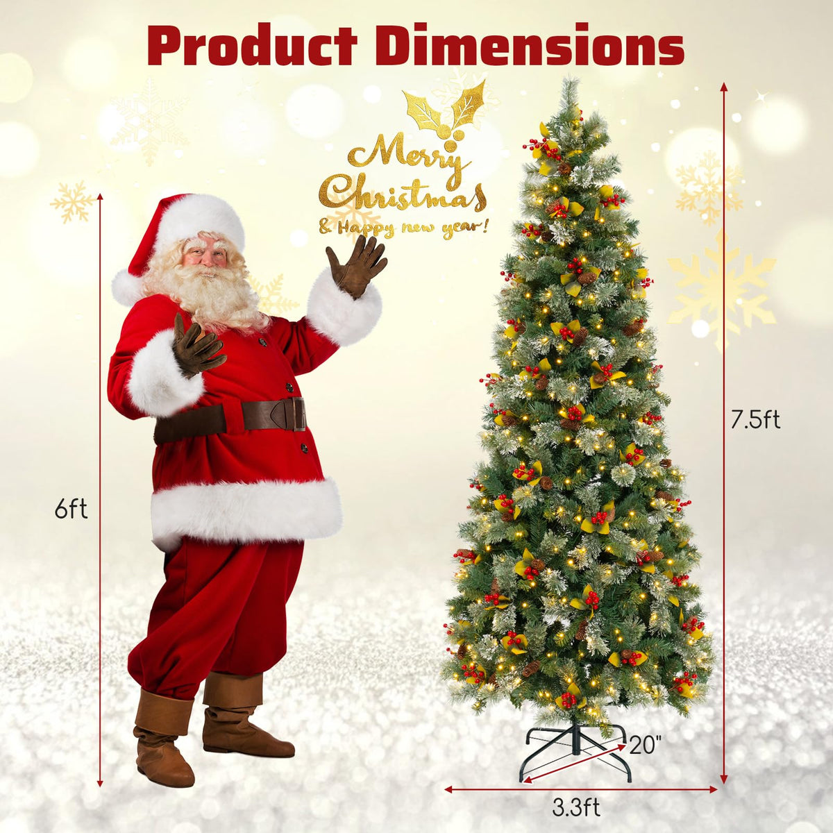 Lucktree 7.5ft Pre-Lit Artificial Christmas Tree, Hinged Xmas Tree with 1096 PVC & Pine Needles