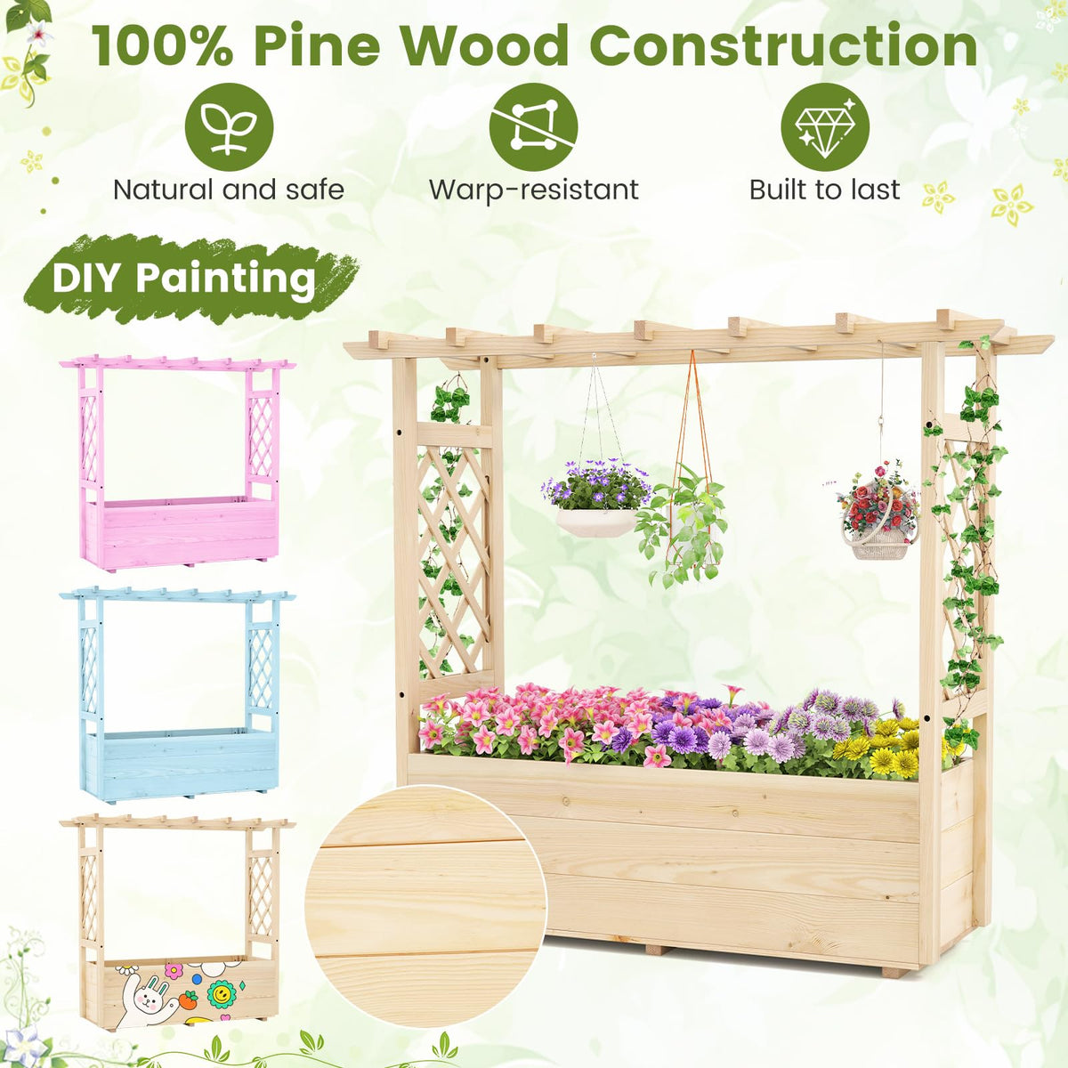 Lucktree Raised Garden Bed with Sided Trellis and Hanging Roof