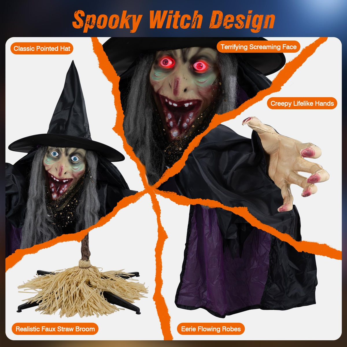 Lucktree 6.6 FT Halloween Animatronics Flying Witch on Broom Decorations
