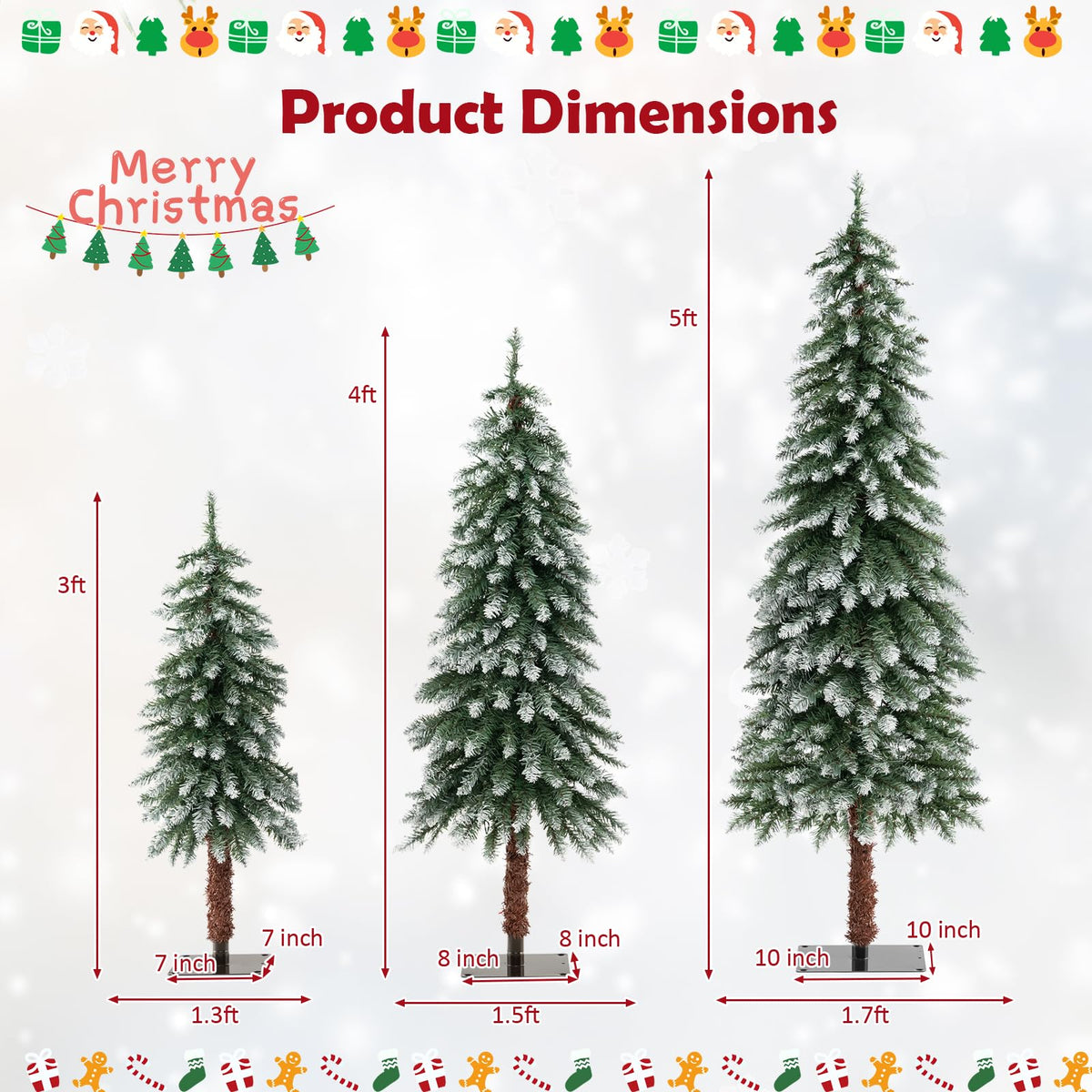 Lucktree 3' 4' 5' Pre-Lit Artificial Christmas Tree Set, Slim Pencil Xmas Trees with Snowy Leaves