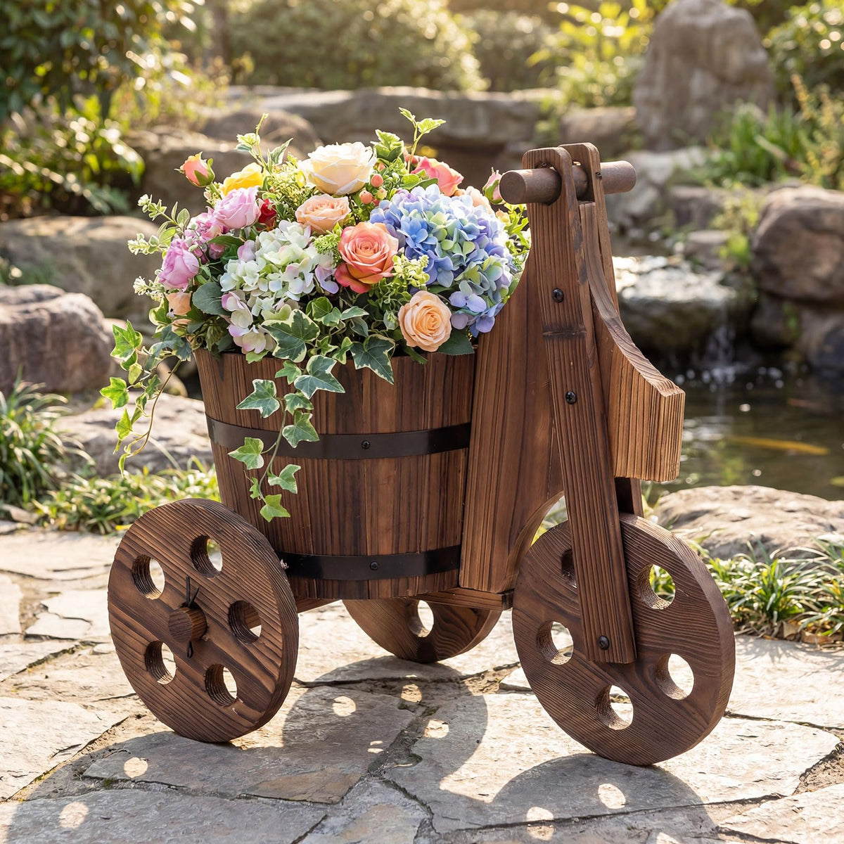 Lucktree Wooden Wagon Planter with Wheels Rustic Wood Plant Stand(Solid Wheel)