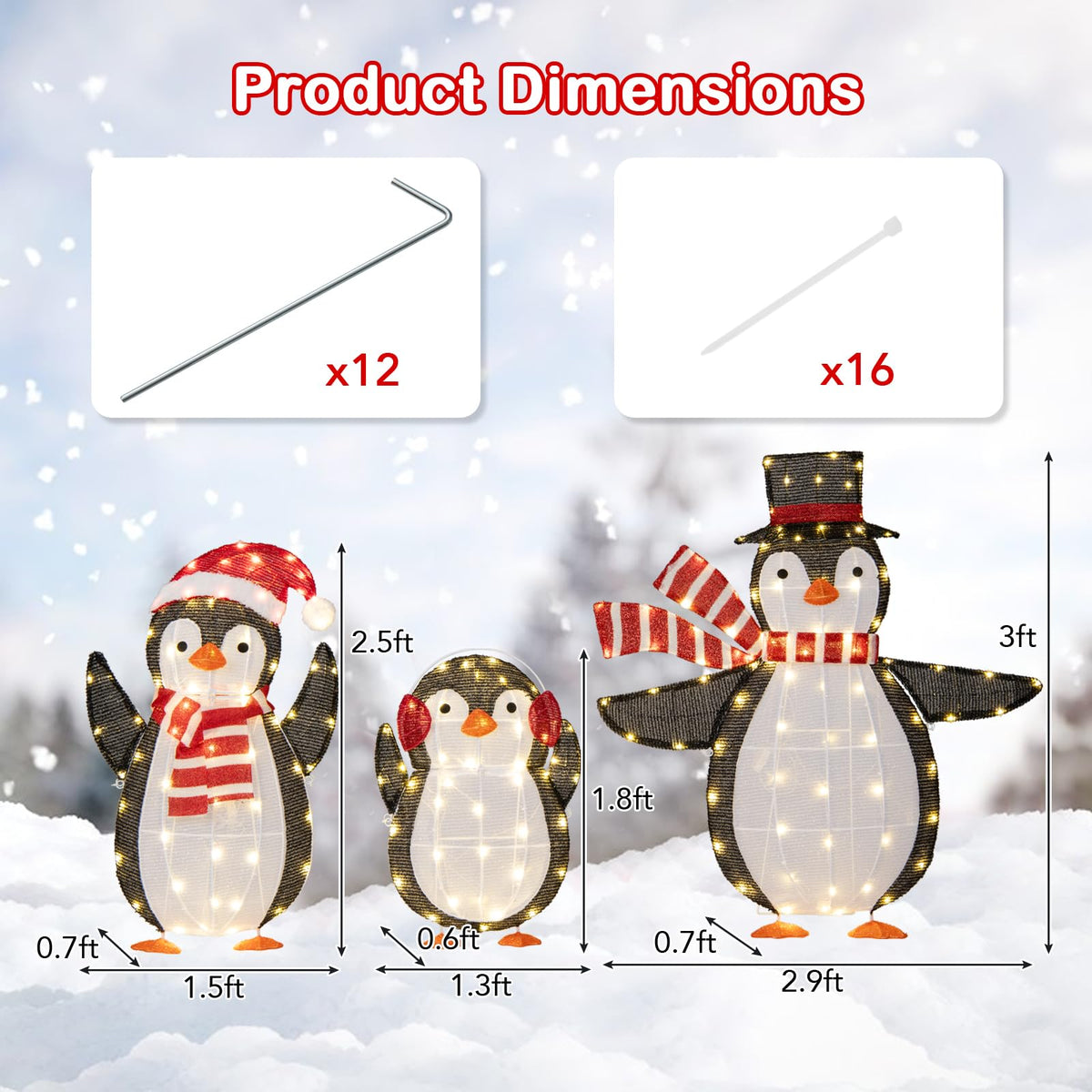 Lucktree Set of 3 Lighted Christmas Penguins with LED Lights Outdoor Glowing Holiday Display