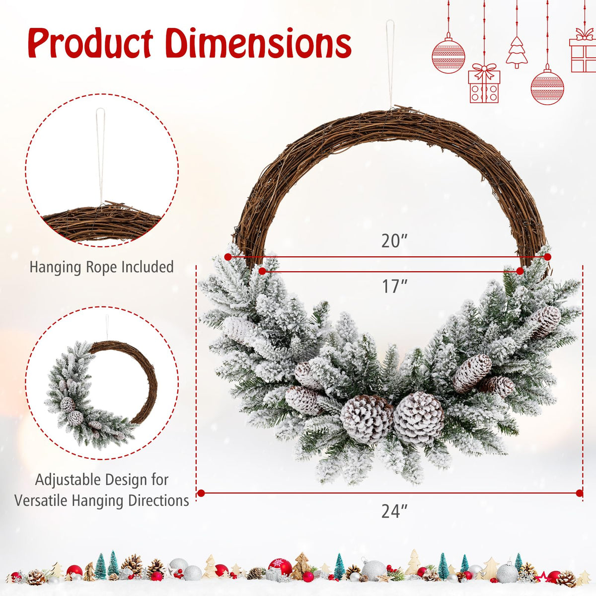Lucktree 24” Pre-Lit Artificial Christmas Wreath, Snow Flocked Xmas Wreath with 35 Battery Operated Warm White LED Lights
