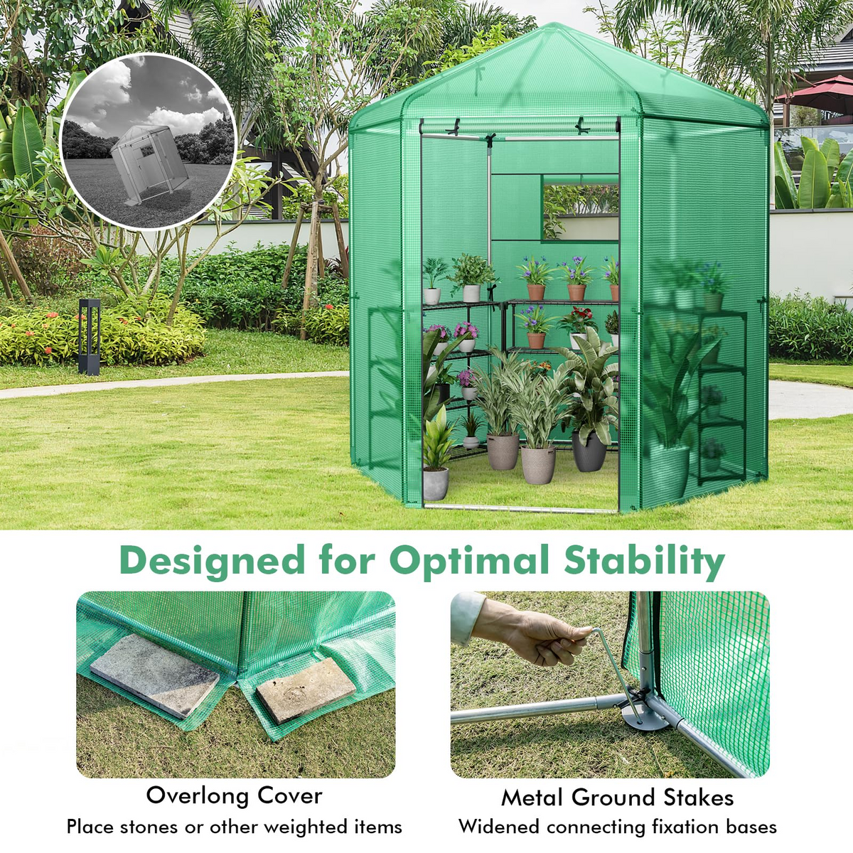 Lucktree 7 x 6 x 7.5 FT Greenhouse, Large Hexagonal Walk in Greenhouse Outdoor with Heavy-Duty Metal Frame