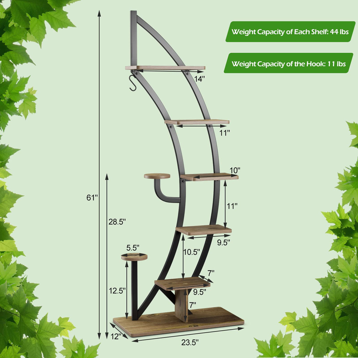Lucktree 6 Tier Metal Plant Stand Indoor, 61" Half Moon Plant Shelf