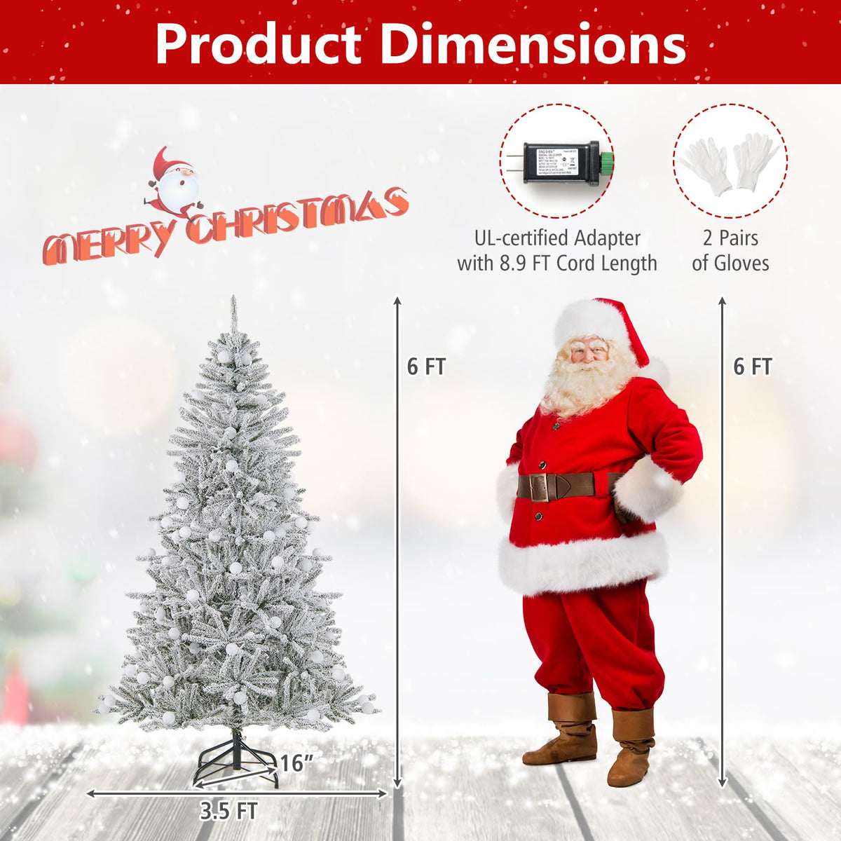Lucktree Pre-Lit Snow Flocked Christmas Tree with Warm White LED Lights & Globe Lights