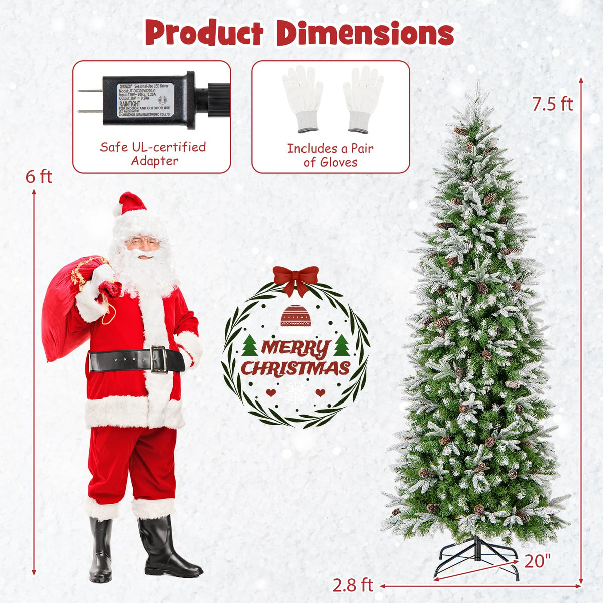 Lucktree 7.5 FT Pre-Lit Pencil Christmas Tree, Artificial Snow Flocked Hinged Fake Slim Xmas Tree with 350 Warm-White LED Lights