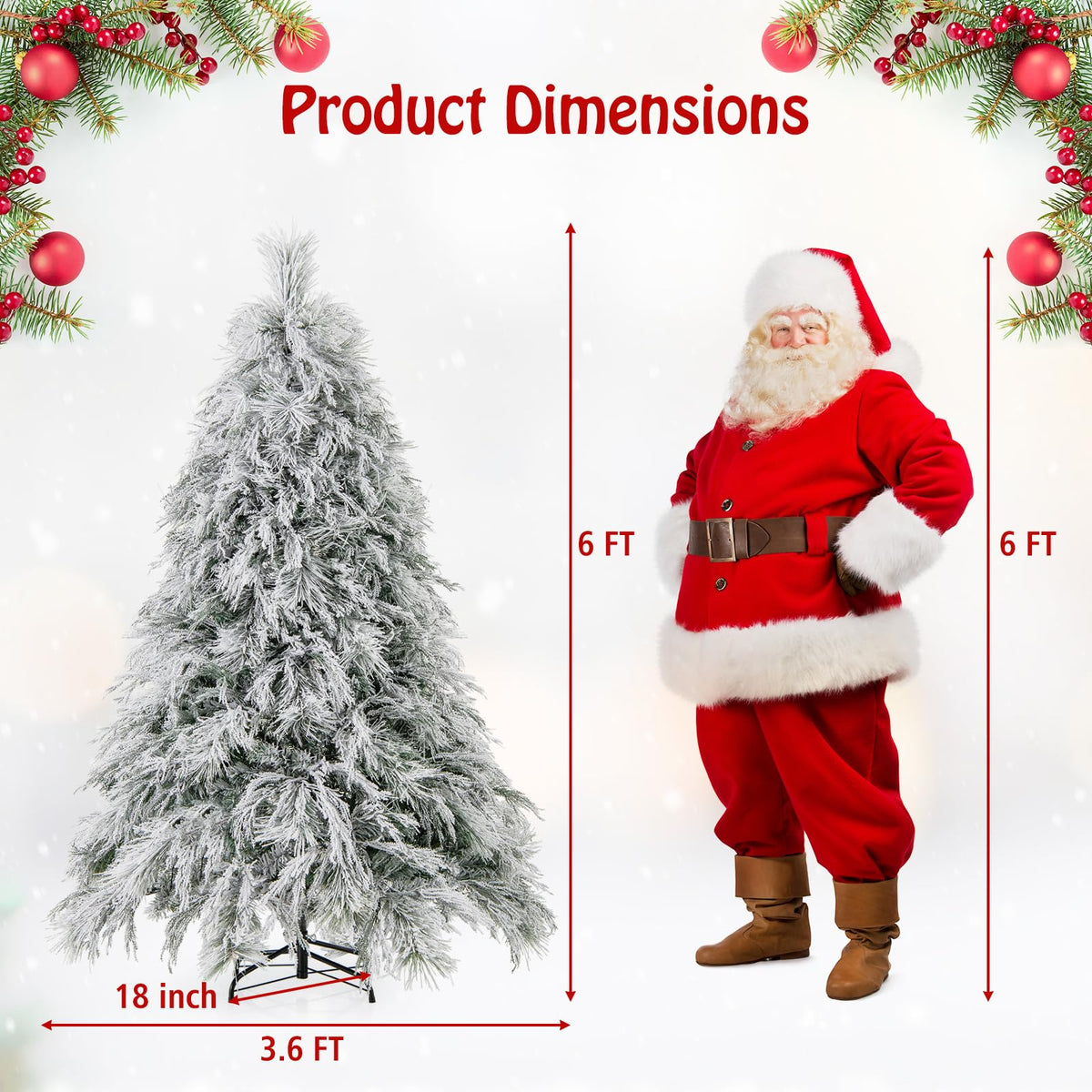 Lucktree 6ft Pre-Lit Snow Flocked Christmas Tree, Artificial Hinged Full Xmas Tree with 519 PVC & Pine Needles