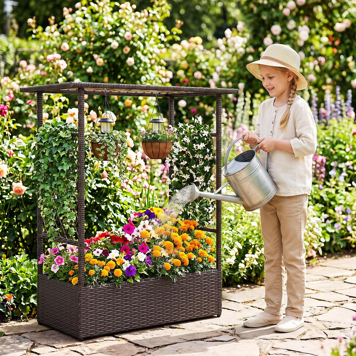 Lucktree Raised Garden Bed with Trellis & Hanging Roof