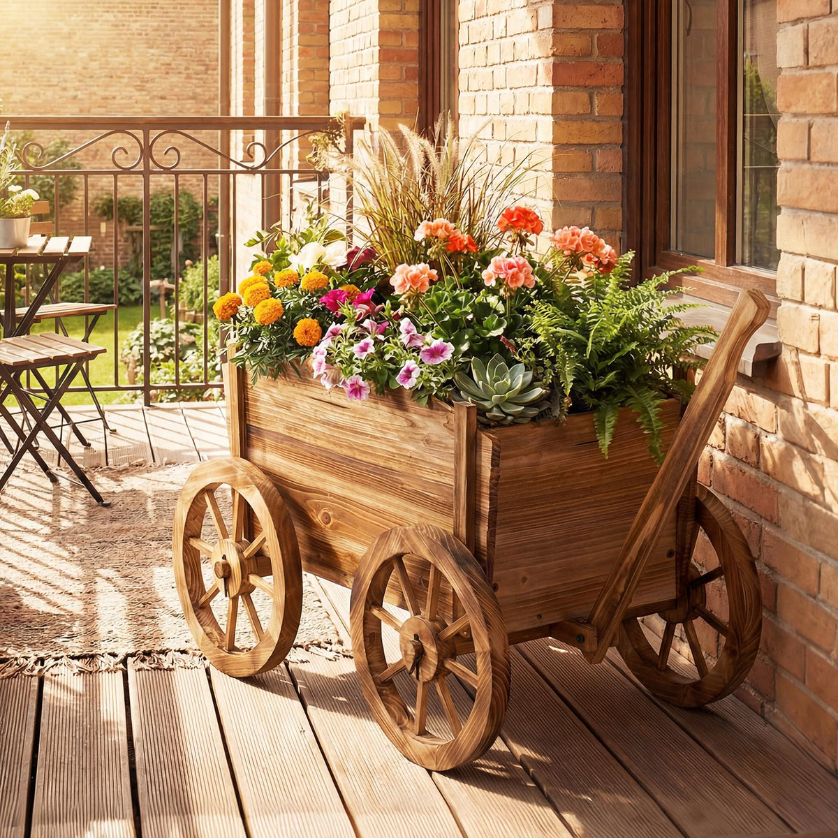 Lucktree Wood Wagon Planter Rustic Rolling Flower Pot Stand