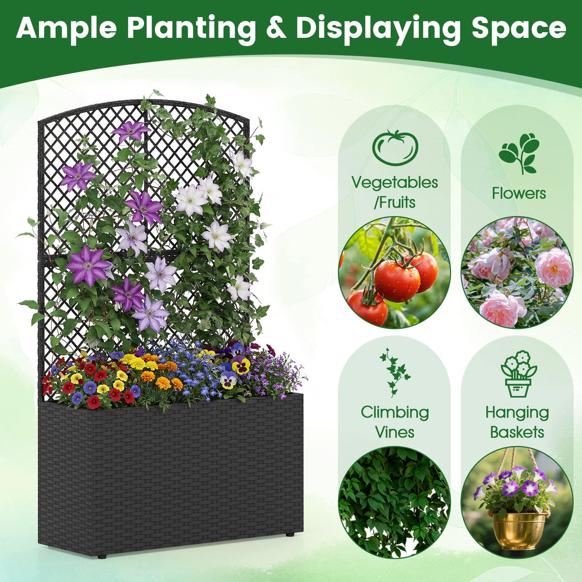 Lucktree 49 inch Tall PE Rattan Raised Garden Bed with Trellis
