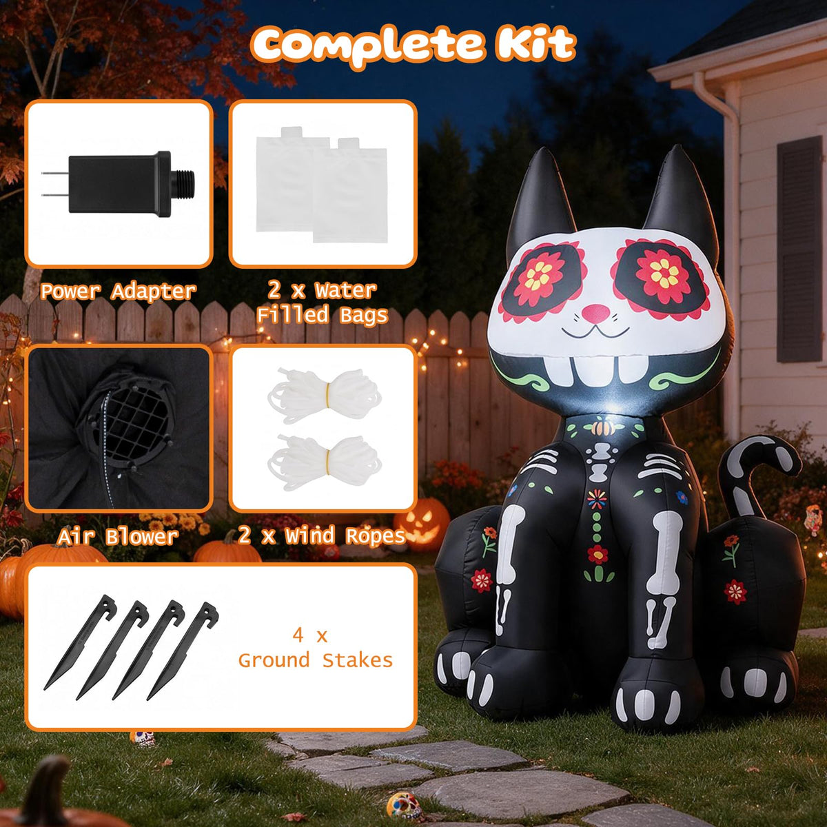 Lucktree 4 FT Day of the Dead Inflatable Skull Black Cat with LED Lights