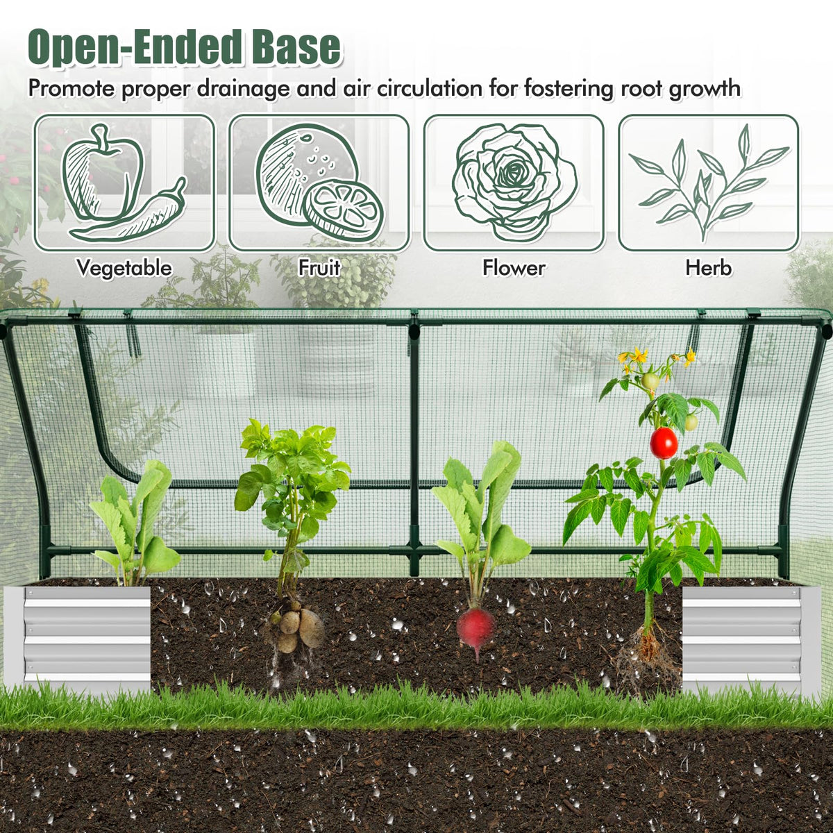 Lucktree Galvanized Steel Raised Garden Bed with Mini Greenhouse, Outdoor Metal Planter Box Kit with Large Roll-up Cover