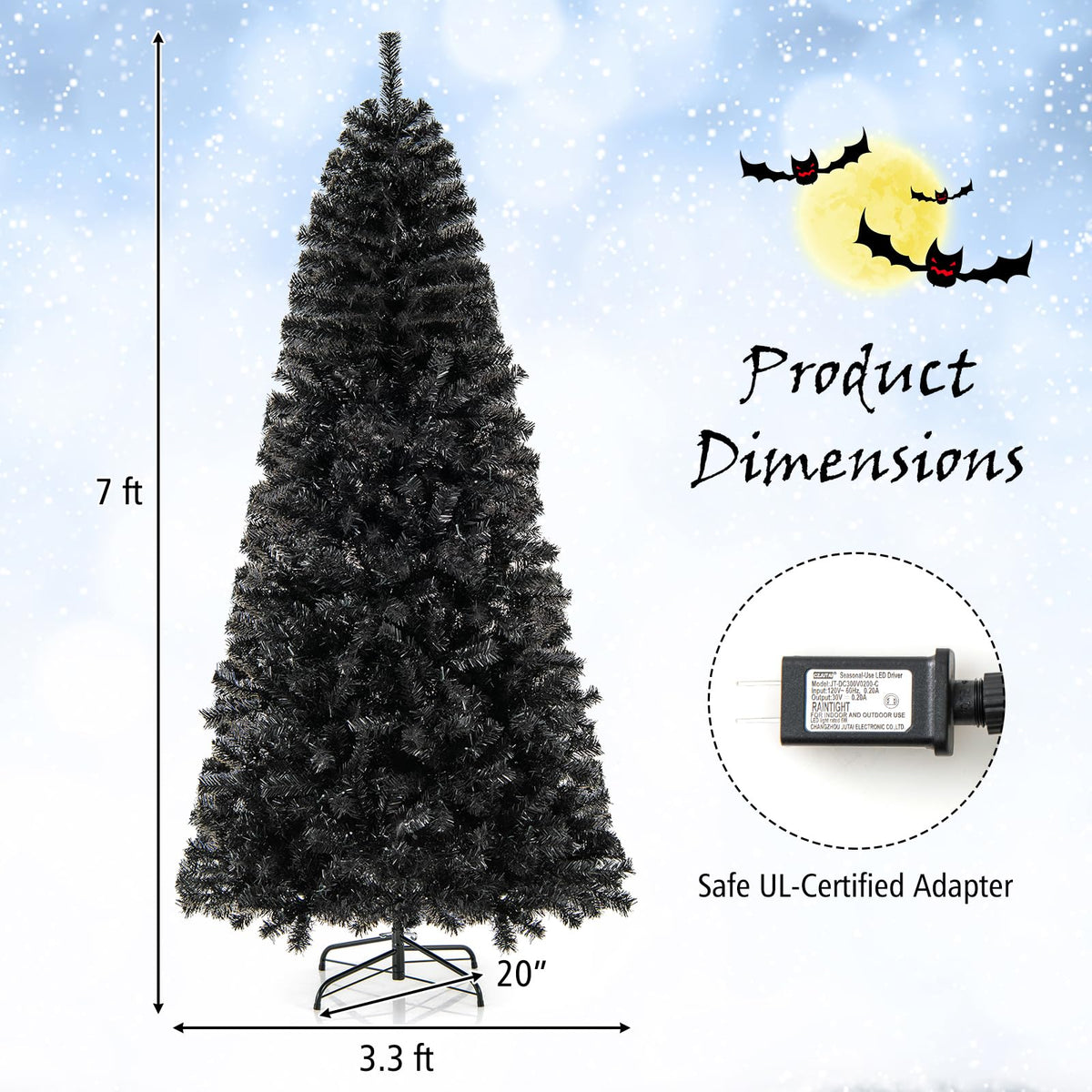 Lucktree 7 FT Artificial Halloween Tree, Pre-Lit Black Christmas Tree with Bendable Top Section