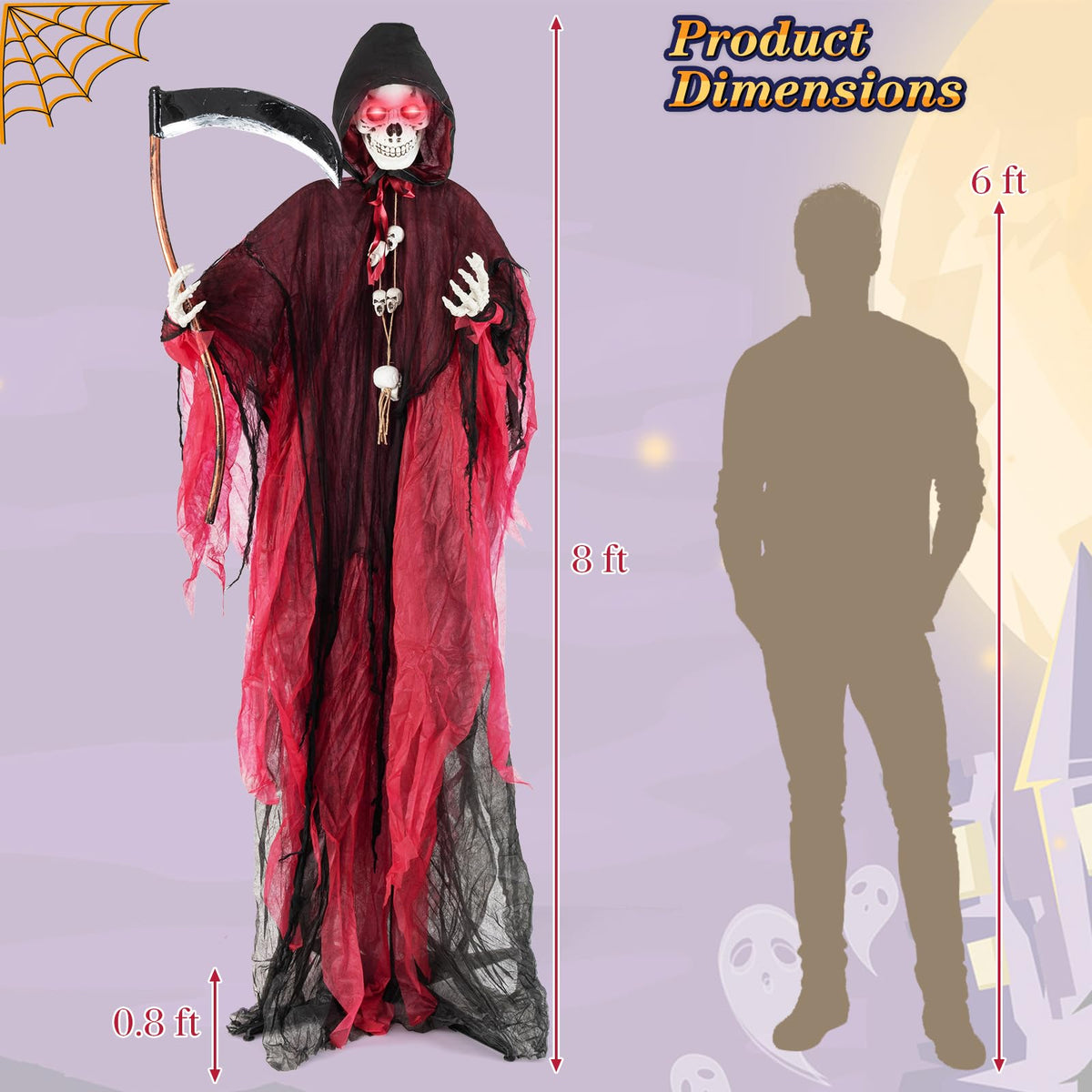 Lucktree 8 Ft Halloween Animatronics, Sound & Touch Activated Grim Reaper with Sickle, Glowing LED Eyes & Scary Voices