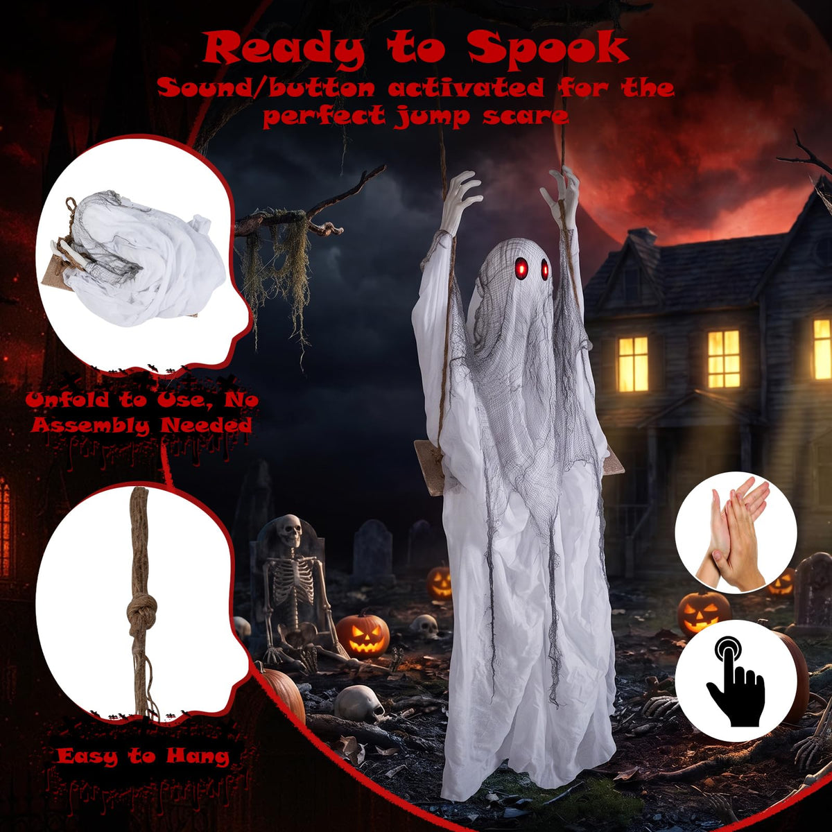 Lucktree 6.6 FT Halloween Animated Swing Ghost with Light up Eyes