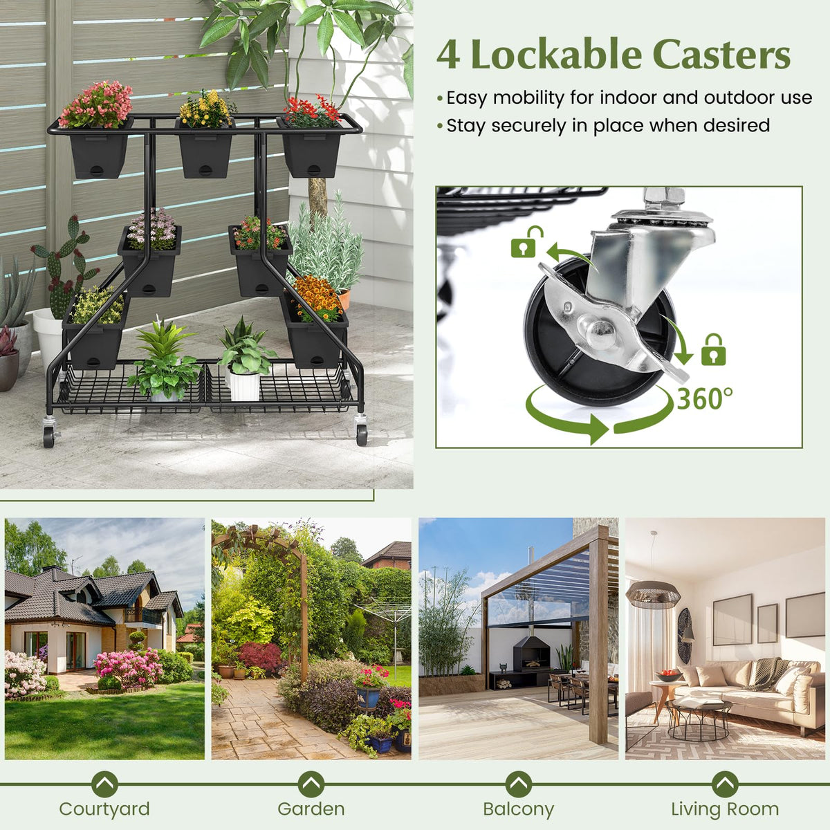 Lucktree Rolling Raised Garden Bed w/ 7 Planter Boxes, Storage Baskets, Drainage Holes