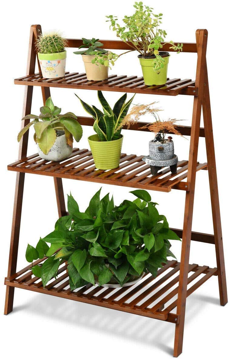 Lucktree 3 Tier Folding Storage Shelf, Bamboo Ladder Plant Stand