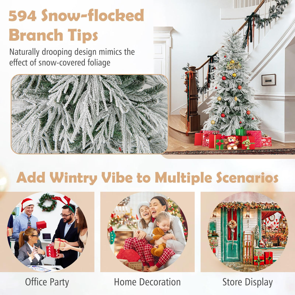 Lucktree 6FT / 7FT / 8FT Pre-Lit Snow Flocked Christmas Tree with PE & PVC Mixed Branch Tips