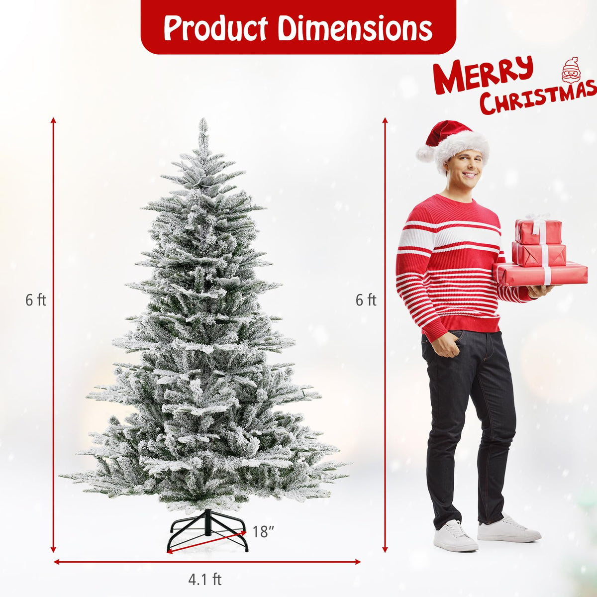 Lucktree 6/7/8 ft Pre-Lit Snow Flocked Christmas Tree, Artificial Hinged Xmas Tree with 661/1119/1447 PVC & PE Tips