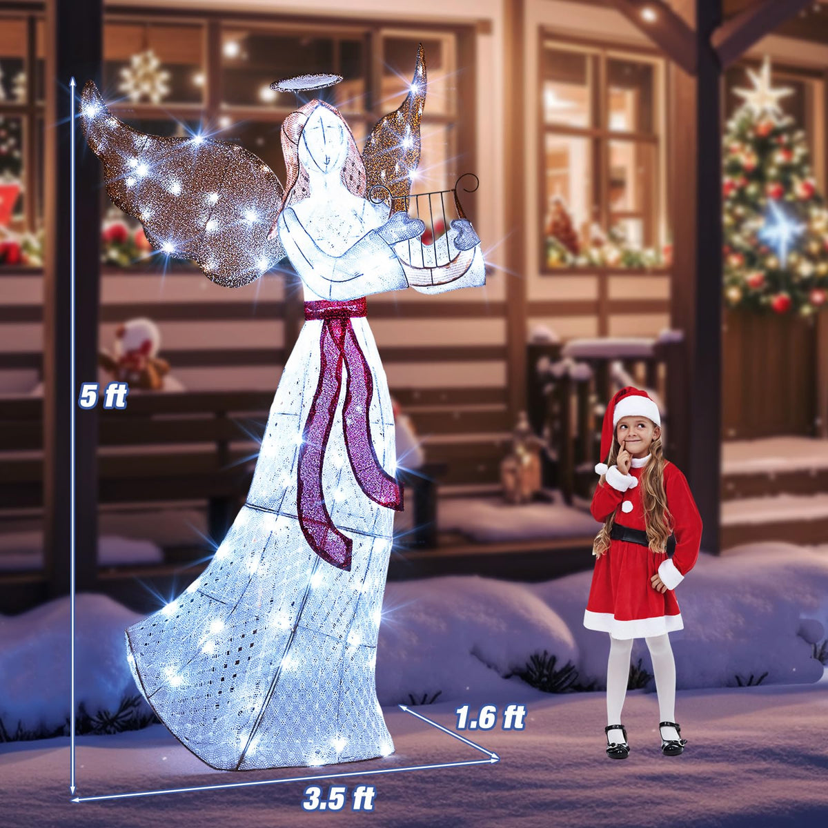 Lucktree 5 FT Christmas Lighted Angel, Pre-Lit Winged Holiday Figure Angel with 120 Cold White LED Lights