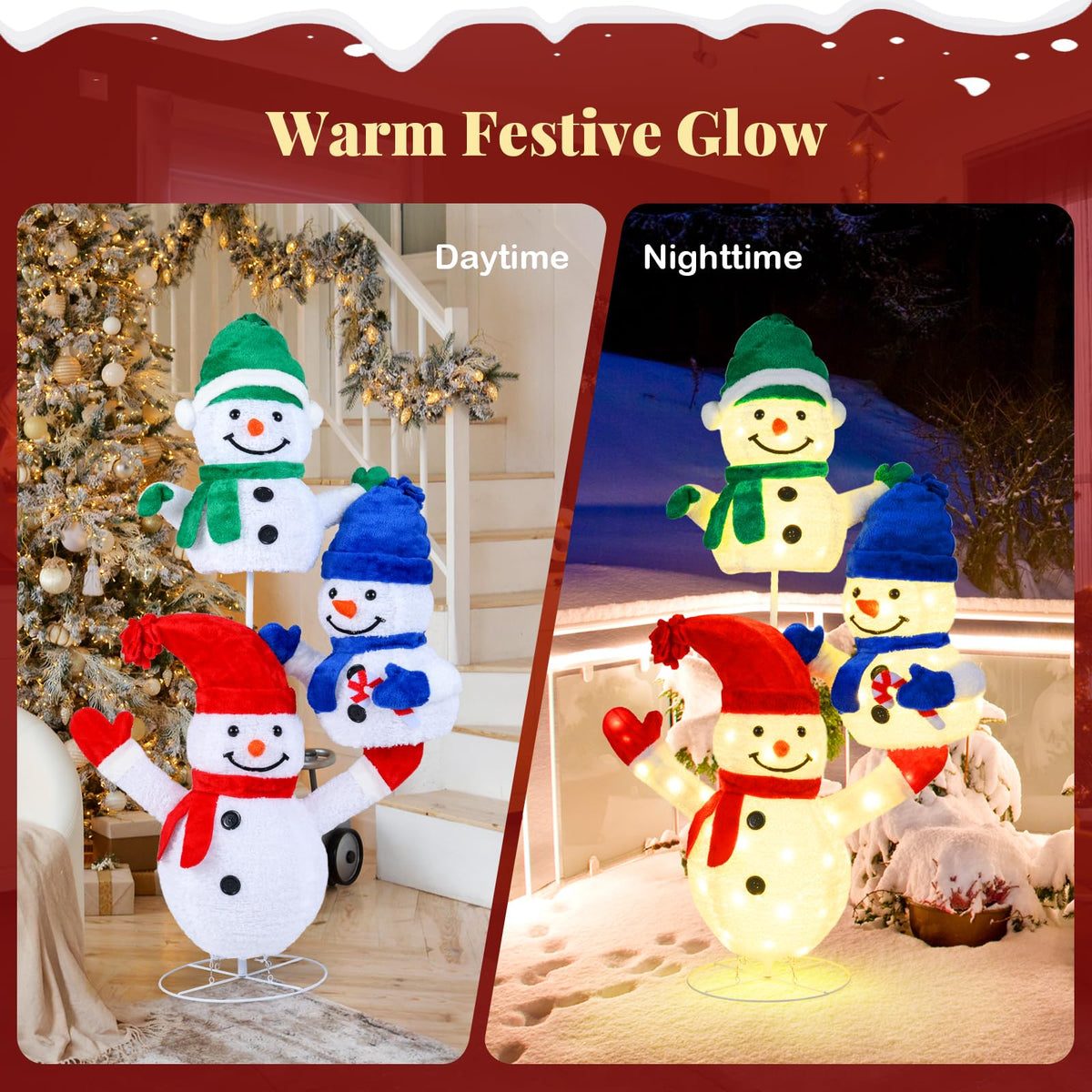 Lucktree 5 FT Christmas Lighted 3 Stacked Snowman Decoration