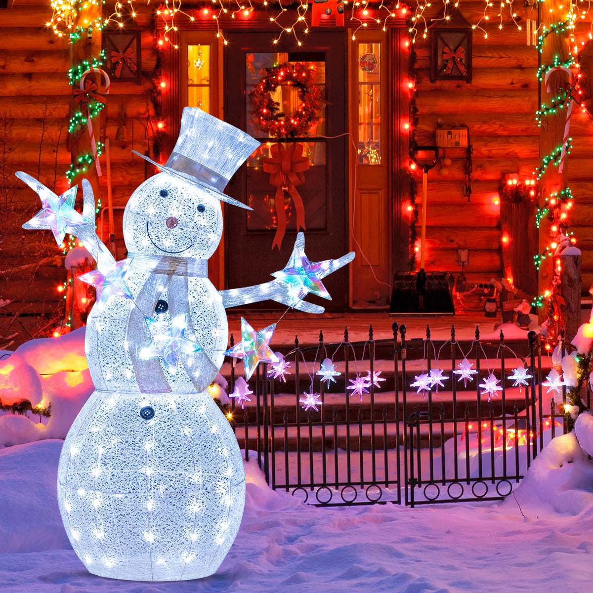 Lucktree 5 FT Lighted Snowman Christmas Outdoor Decoration with Hat, Scarf & Stars