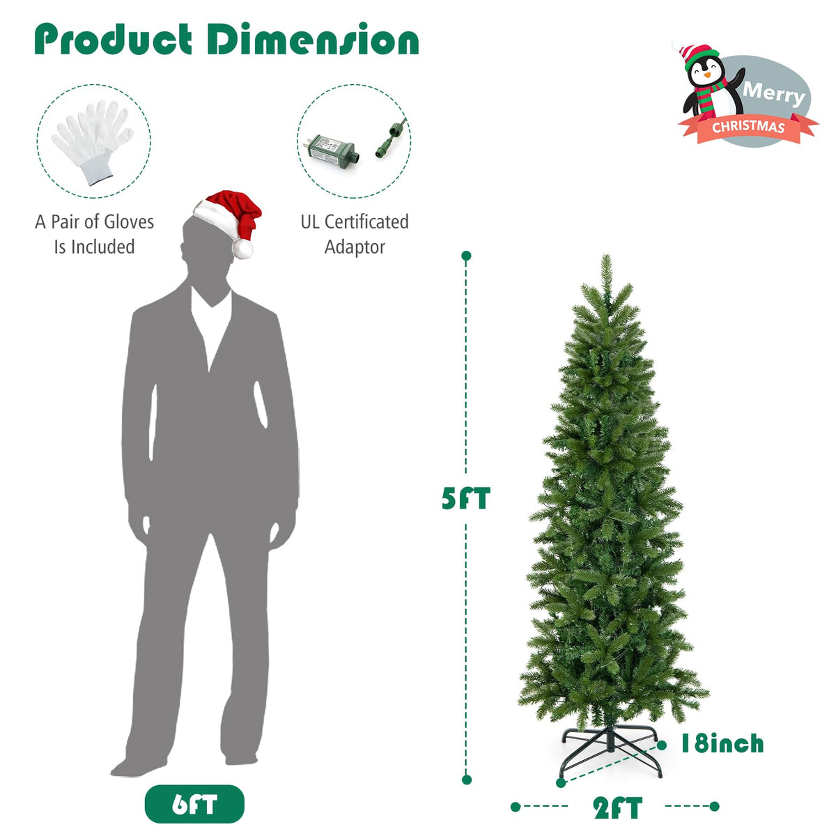 Lucktree 5ft Pre-Lit Pencil Christmas Tree, Hinged Artificial Slim Tree with 390 PVC PE Branch Tips