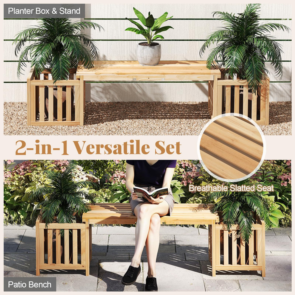 Lucktree 2-in-1 Outdoor Bench with 2 Raised Garden Beds
