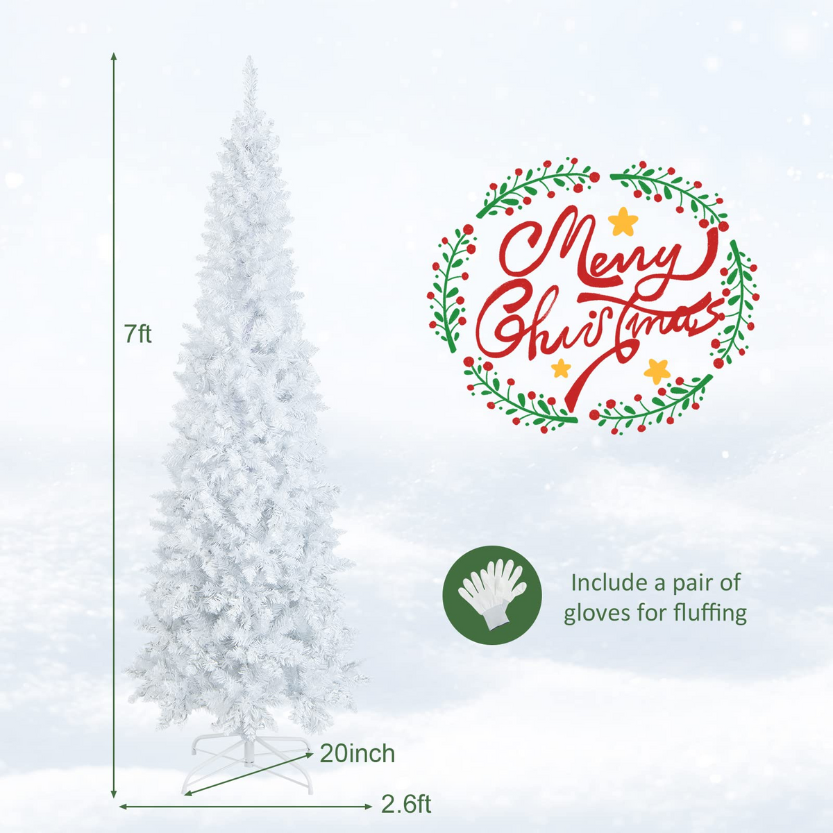 Lucktree 7ft White Pre-Lit Pencil Christmas Tree, Artificial Hinged Slim Tree with 800 Tips, 300 Warm White Lights - LucktreeUS