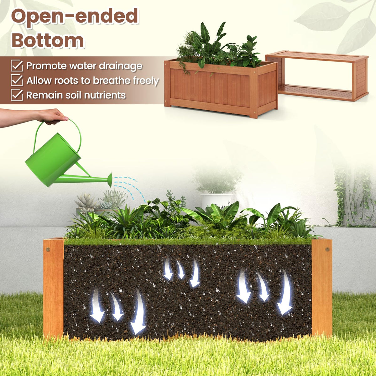 Lucktree 2-in-1 Outdoor Bench, Wood Raised Garden Bed with Open Base, Teak Oil Finish